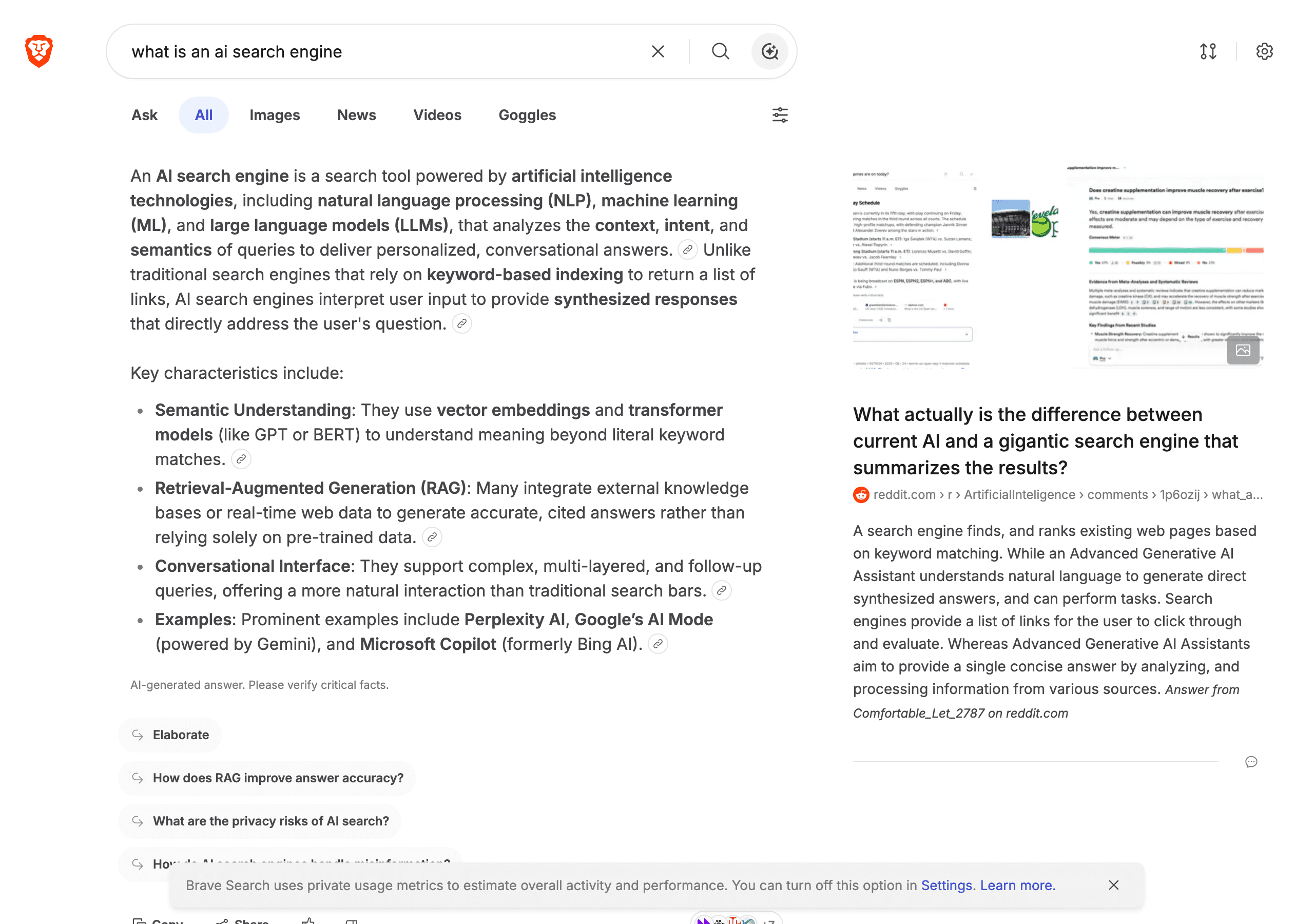 Brave Search answering a query with its AI Answers summary