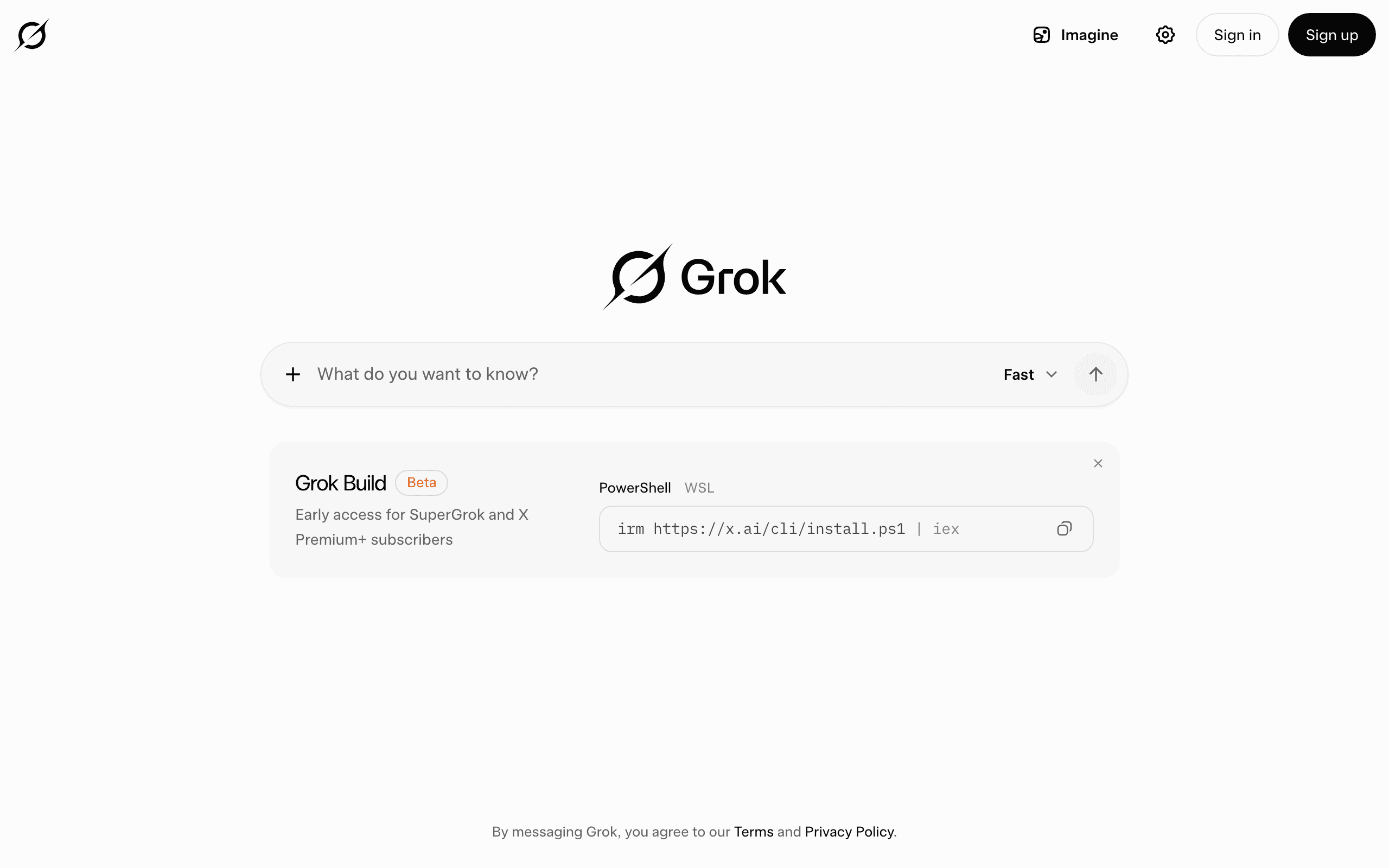Grok's logged-out landing page with the prompt box