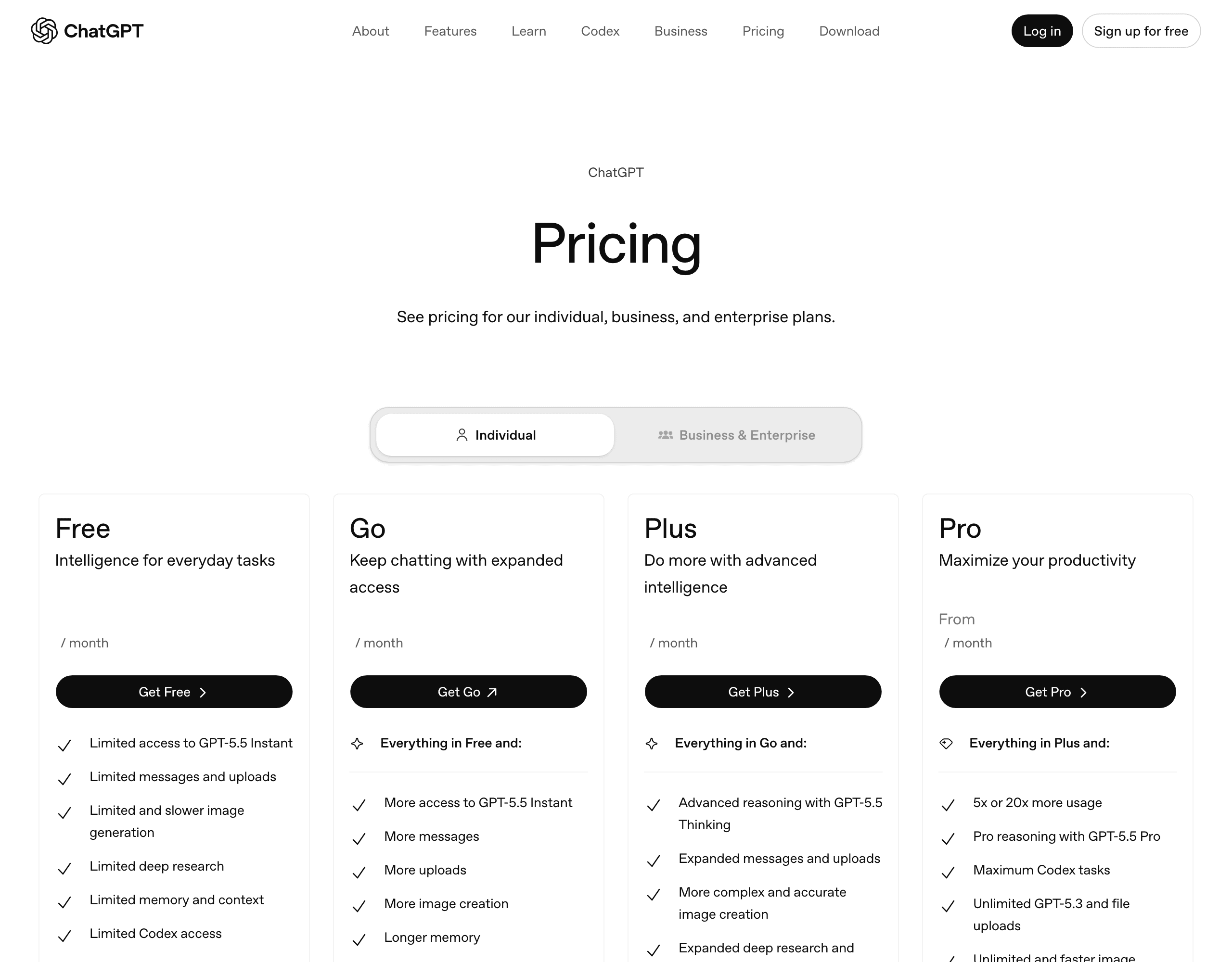 ChatGPT pricing tiers from OpenAI
