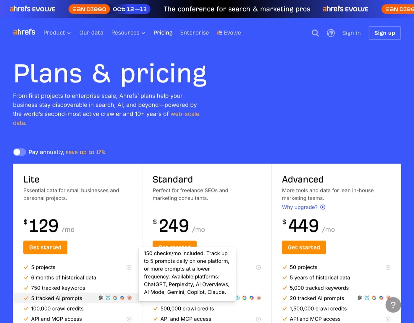 Ahrefs pricing page in US dollars with Lite, Standard and Advanced plans