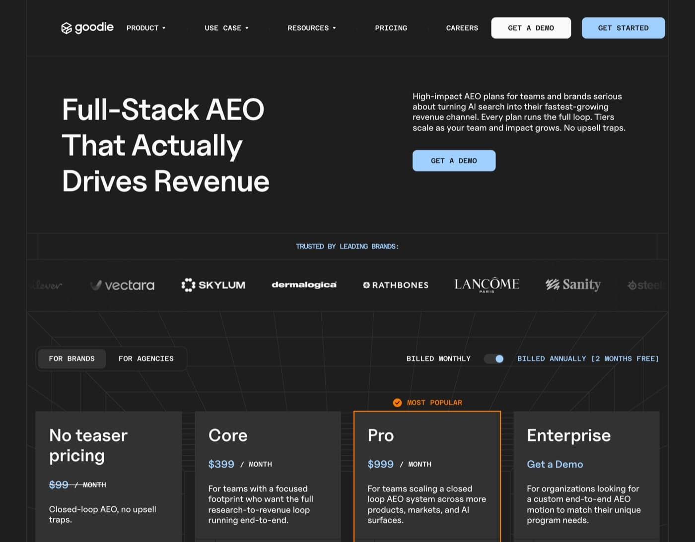 Goodie pricing page with Core, Pro and Enterprise plans