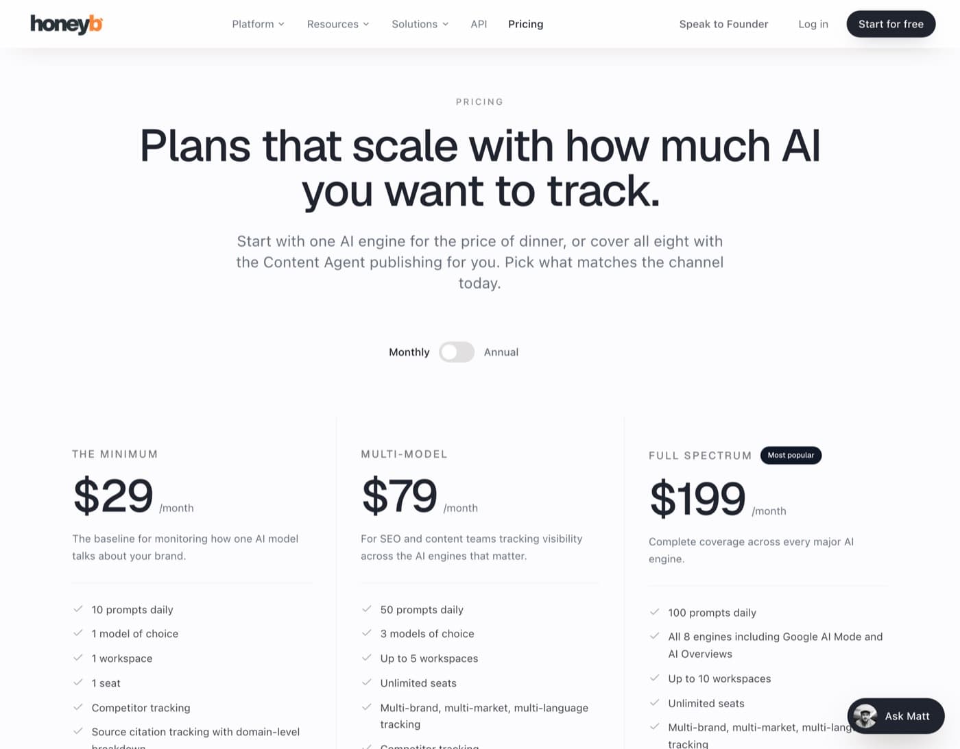 Honeyb pricing page showing The Minimum at $29, Multi-Model at $79 and Full Spectrum at $199 a month