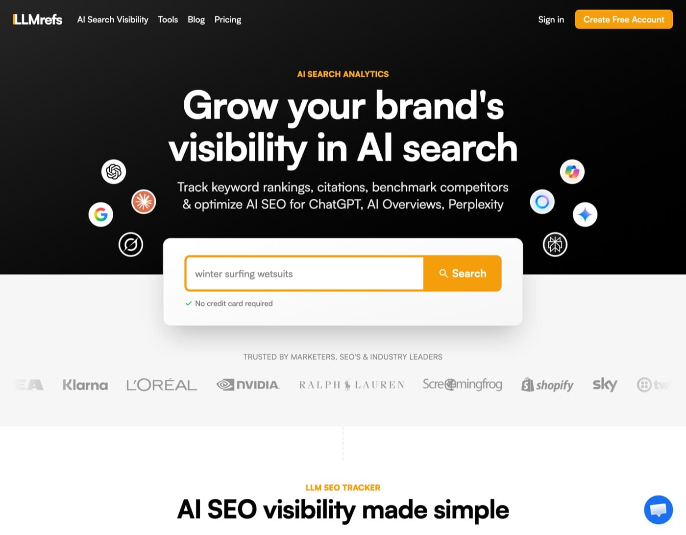 LLMrefs homepage offering AI search analytics with a keyword search box