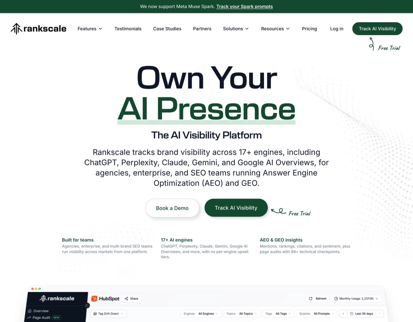 Rankscale homepage describing visibility tracking across 17 or more AI engines