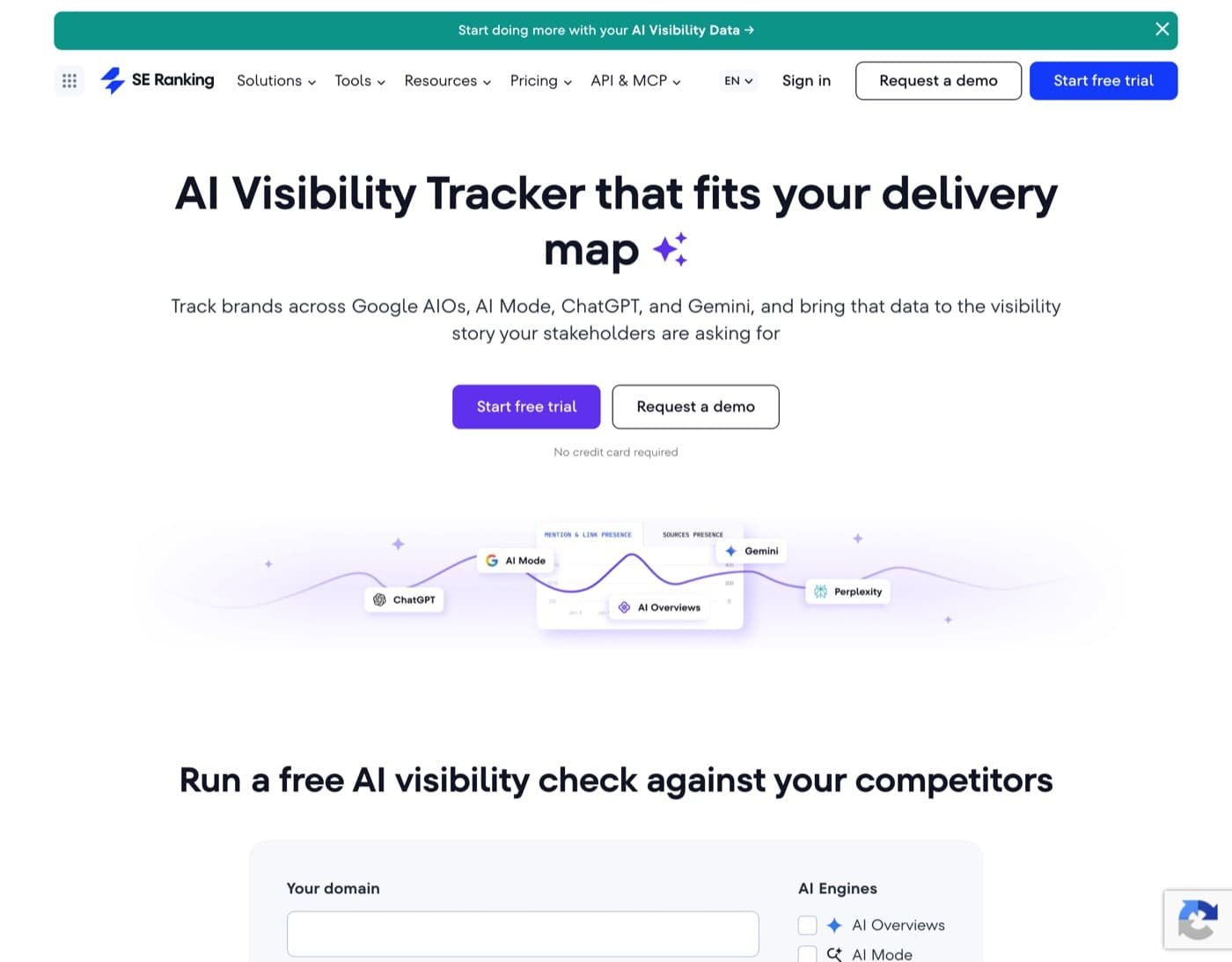 SE Ranking AI Visibility Tracker product page listing Google AI Overviews, AI Mode, ChatGPT and Gemini