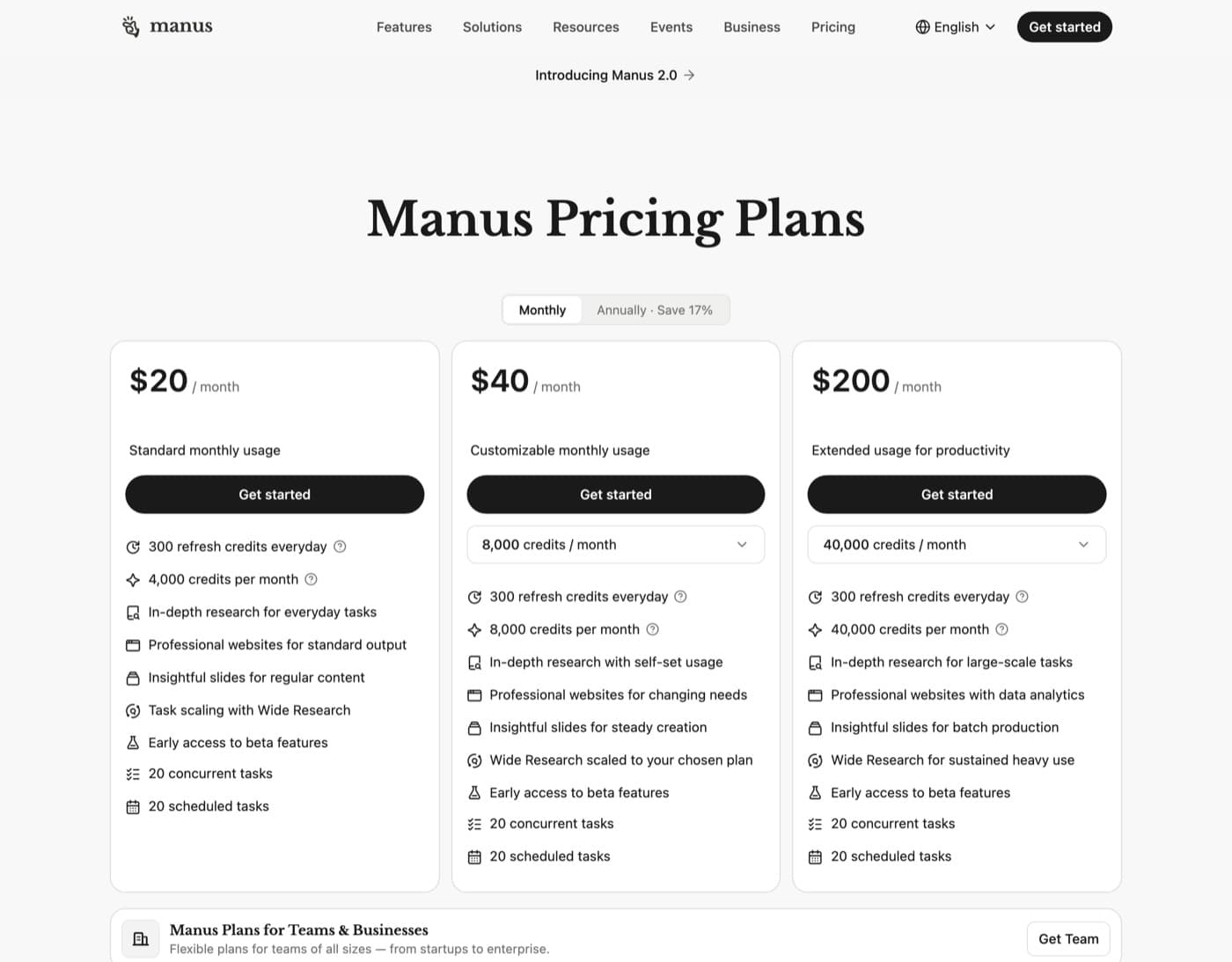 Manus pricing page with three monthly plans