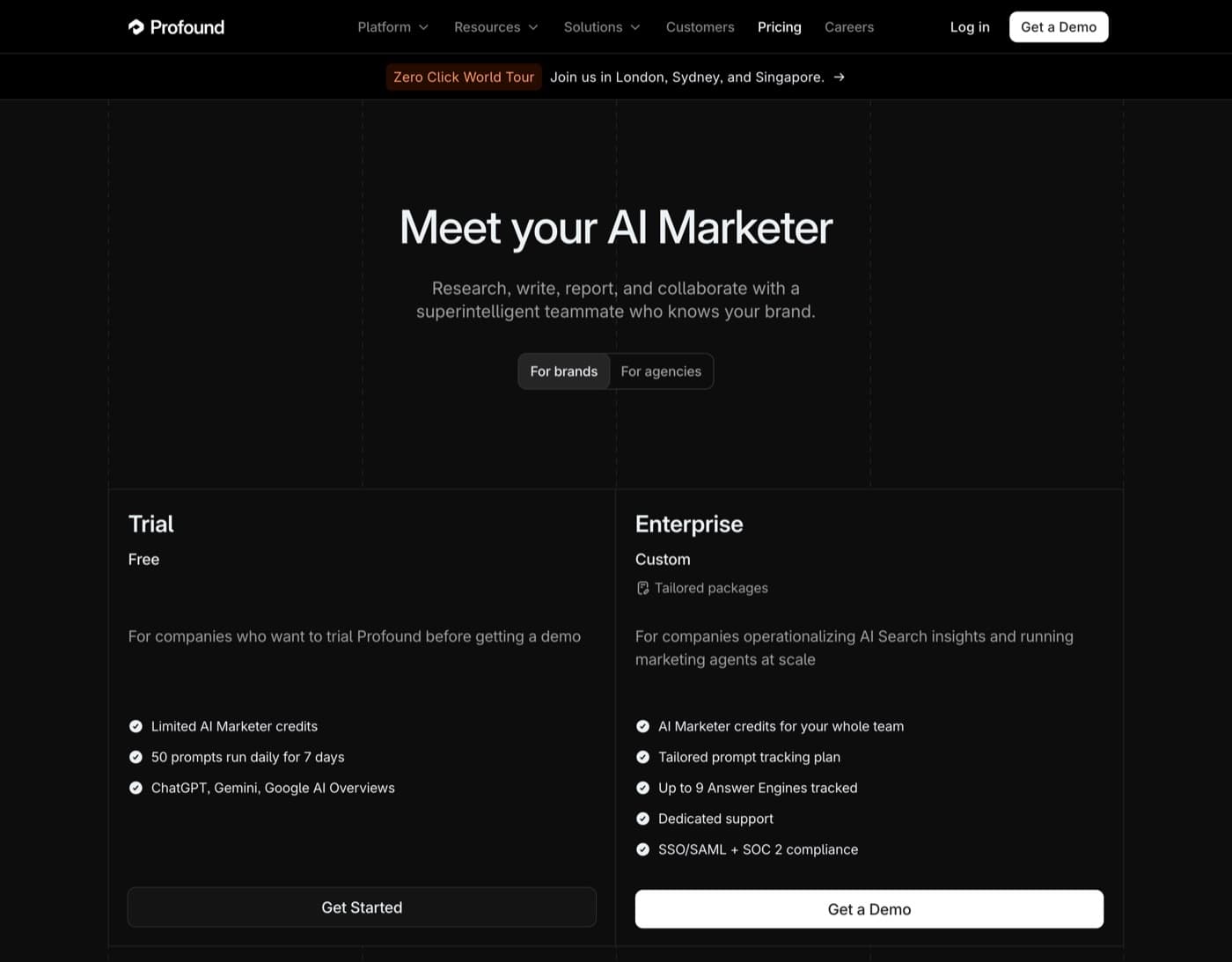 Profound pricing page showing a free trial and a custom Enterprise plan
