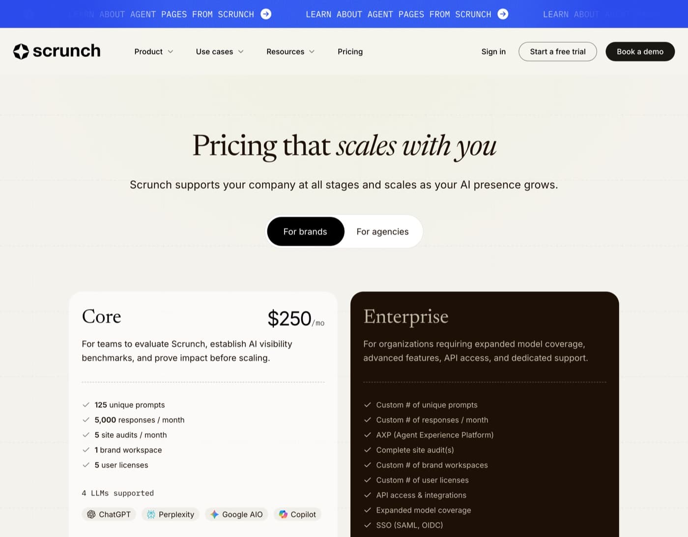 Scrunch pricing page with Core and Enterprise plans