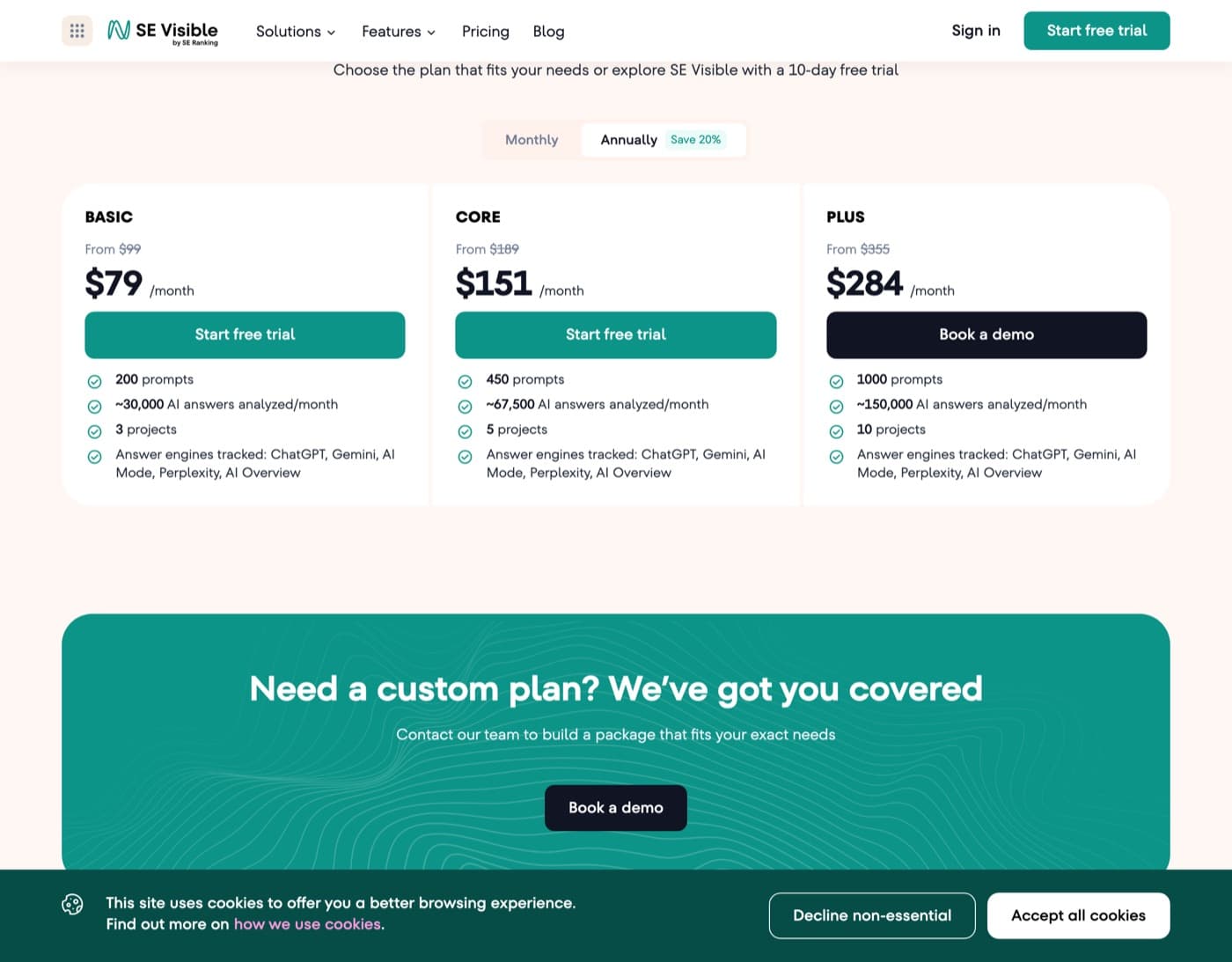 SE Visible pricing section with Basic, Core and Plus plans