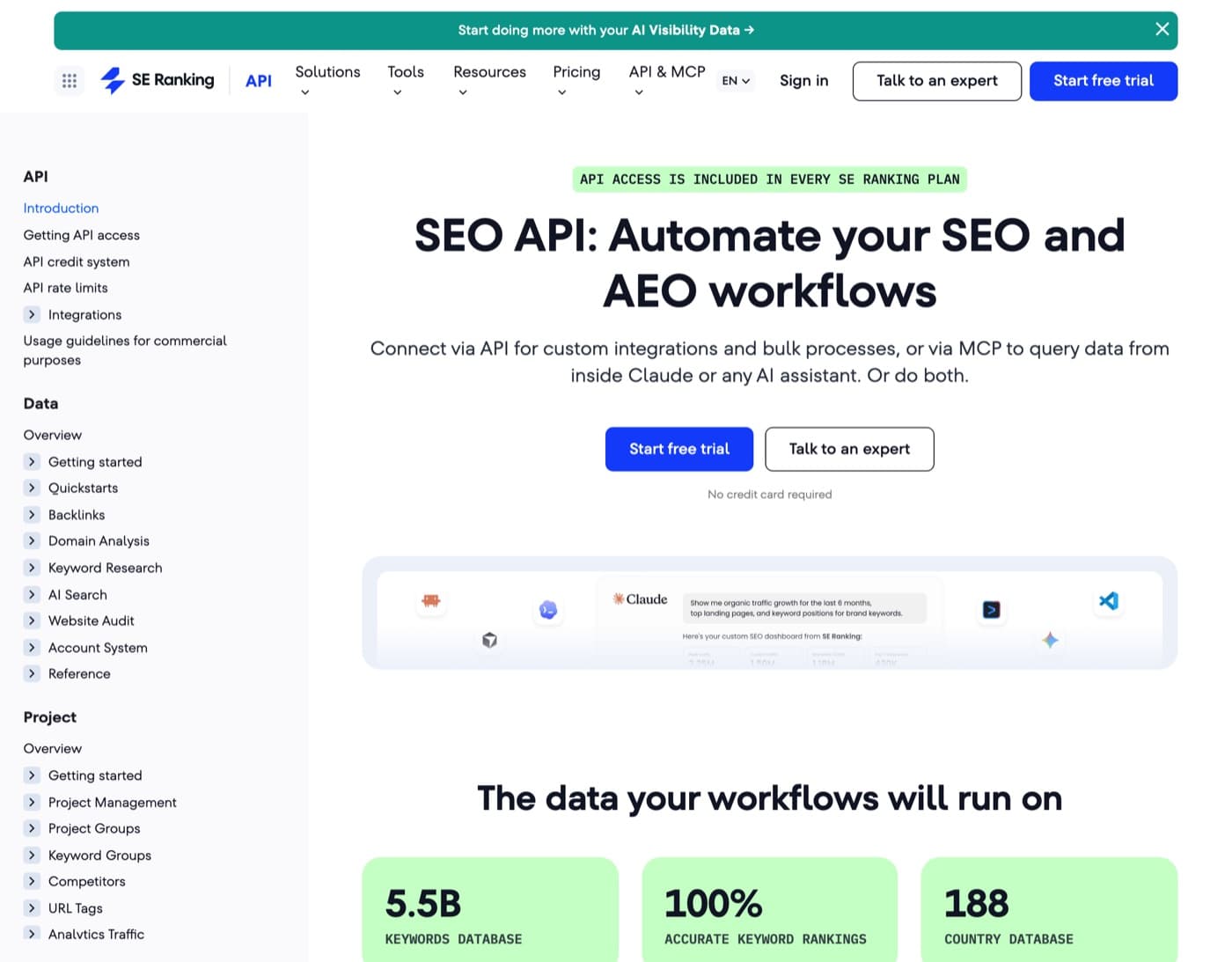 SE Ranking API page