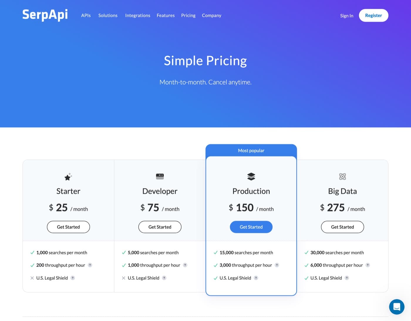 SerpApi pricing page
