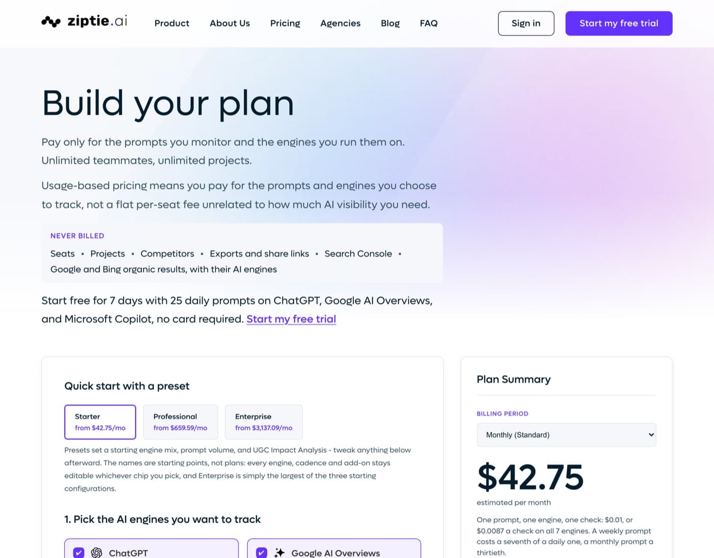 ZipTie pricing page with a plan builder and presets