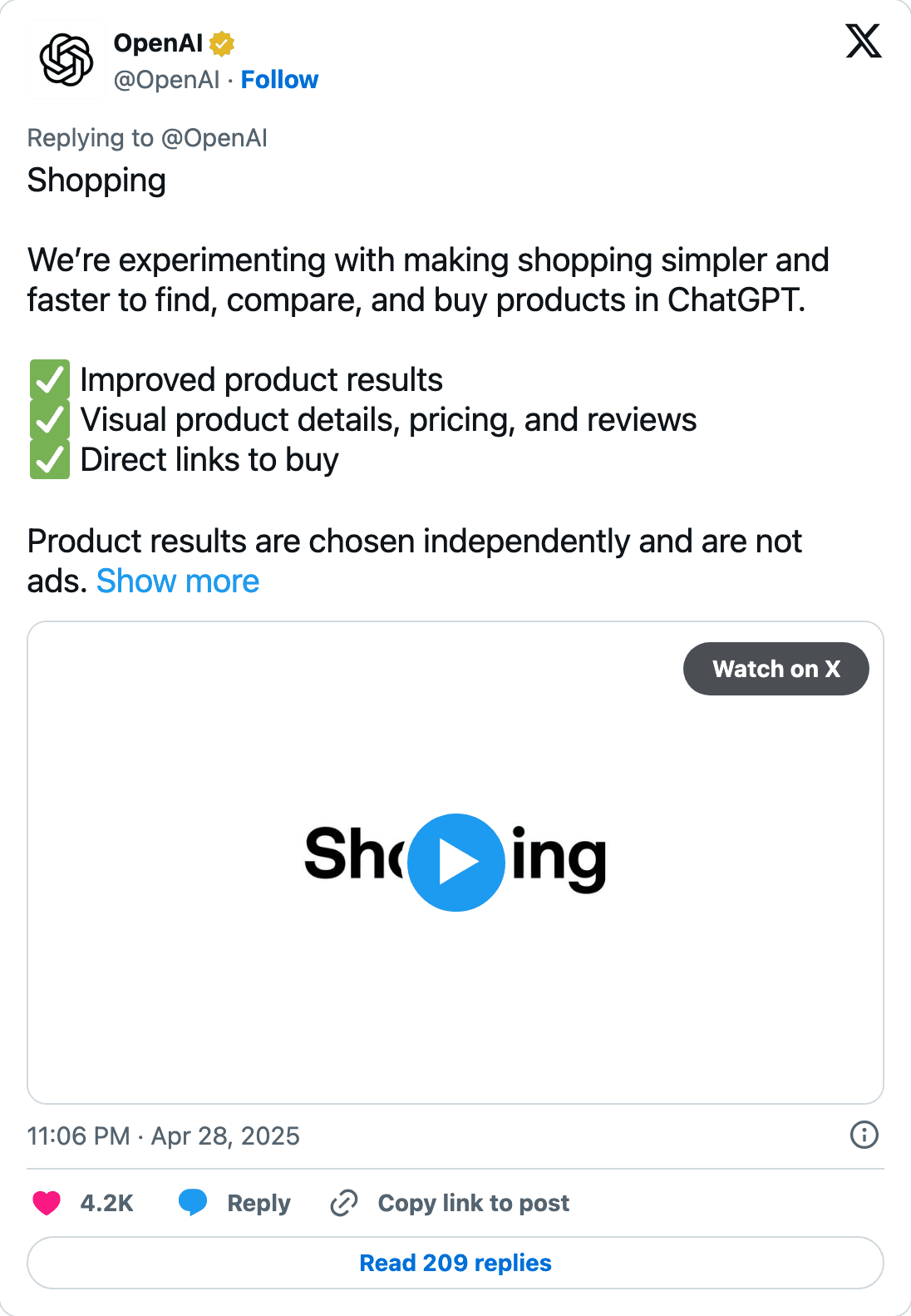 OpenAI's post announcing the shopping experience inside ChatGPT