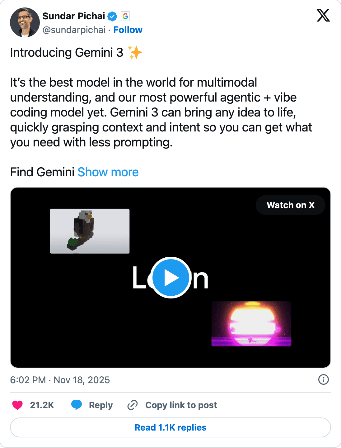 Sundar Pichai's post introducing Gemini 3