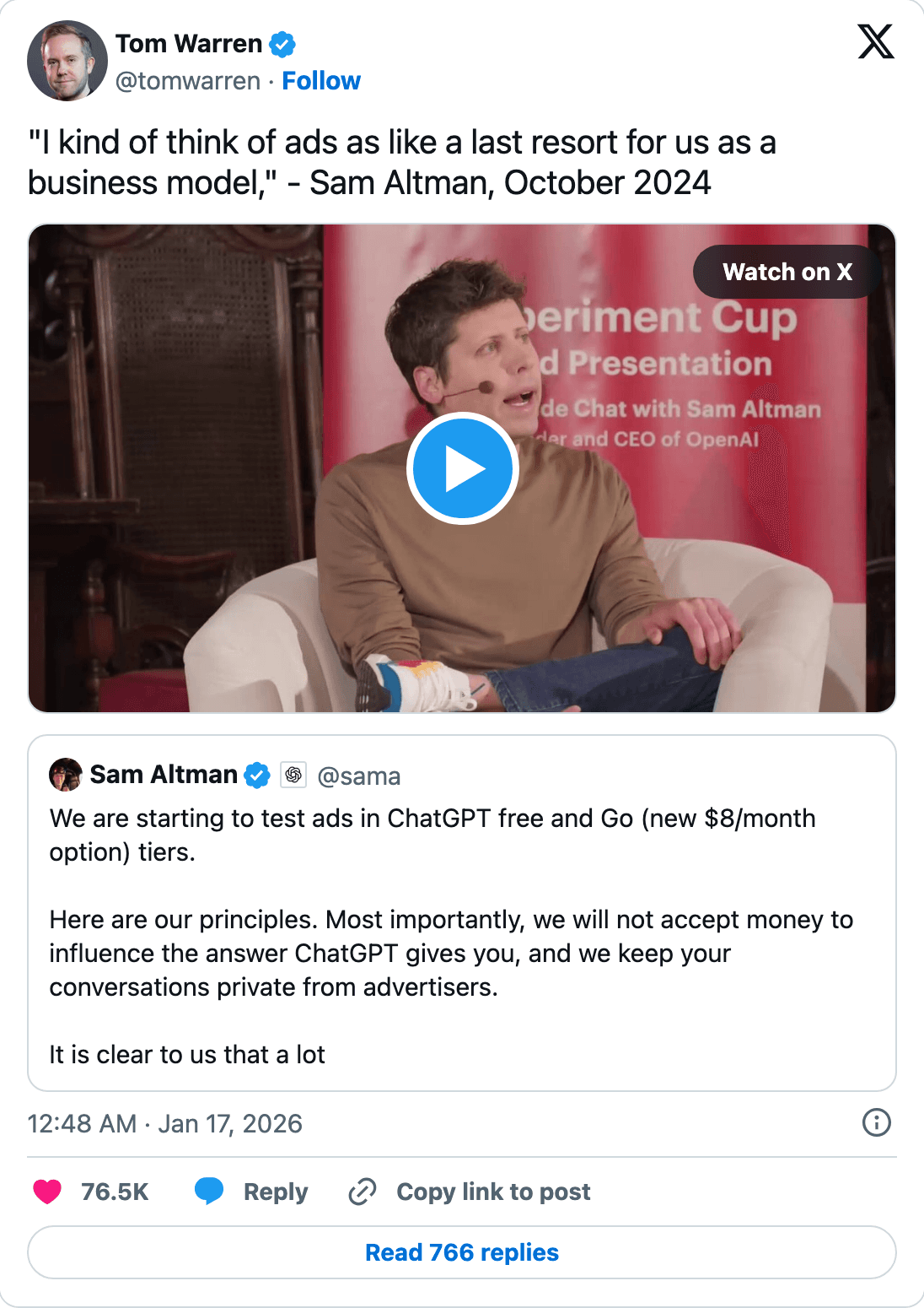 Tom Warren's post quoting Sam Altman calling ads a last resort for OpenAI in 2024