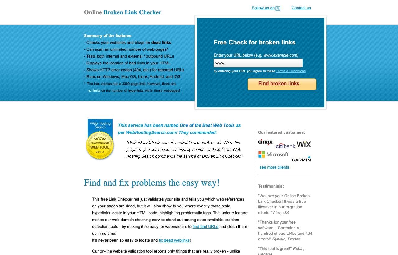 Broken Link Checker homepage screenshot
