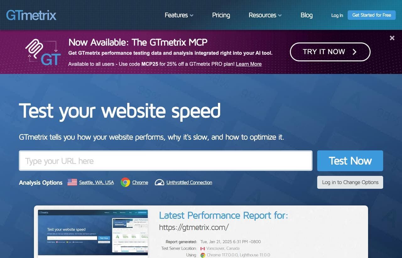 GTmetrix homepage screenshot