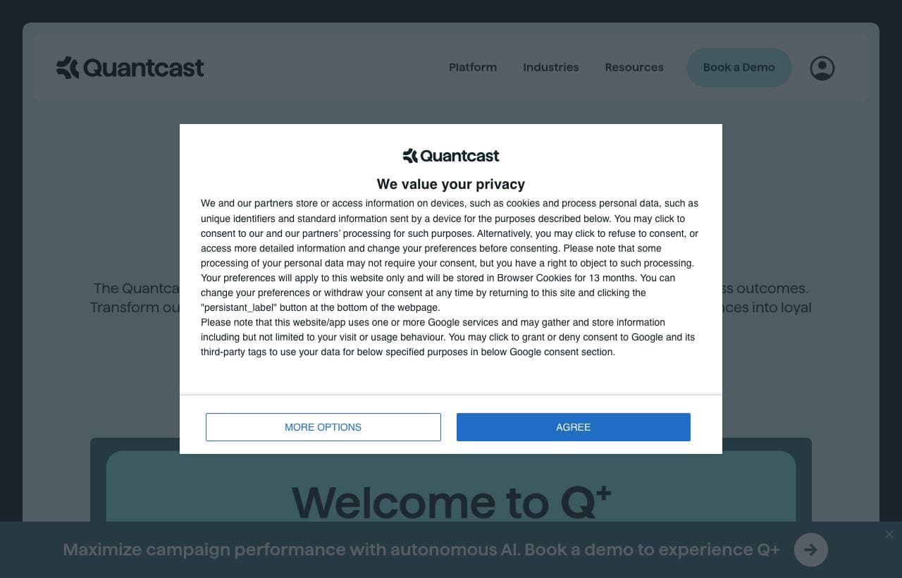 quantcast homepage screenshot