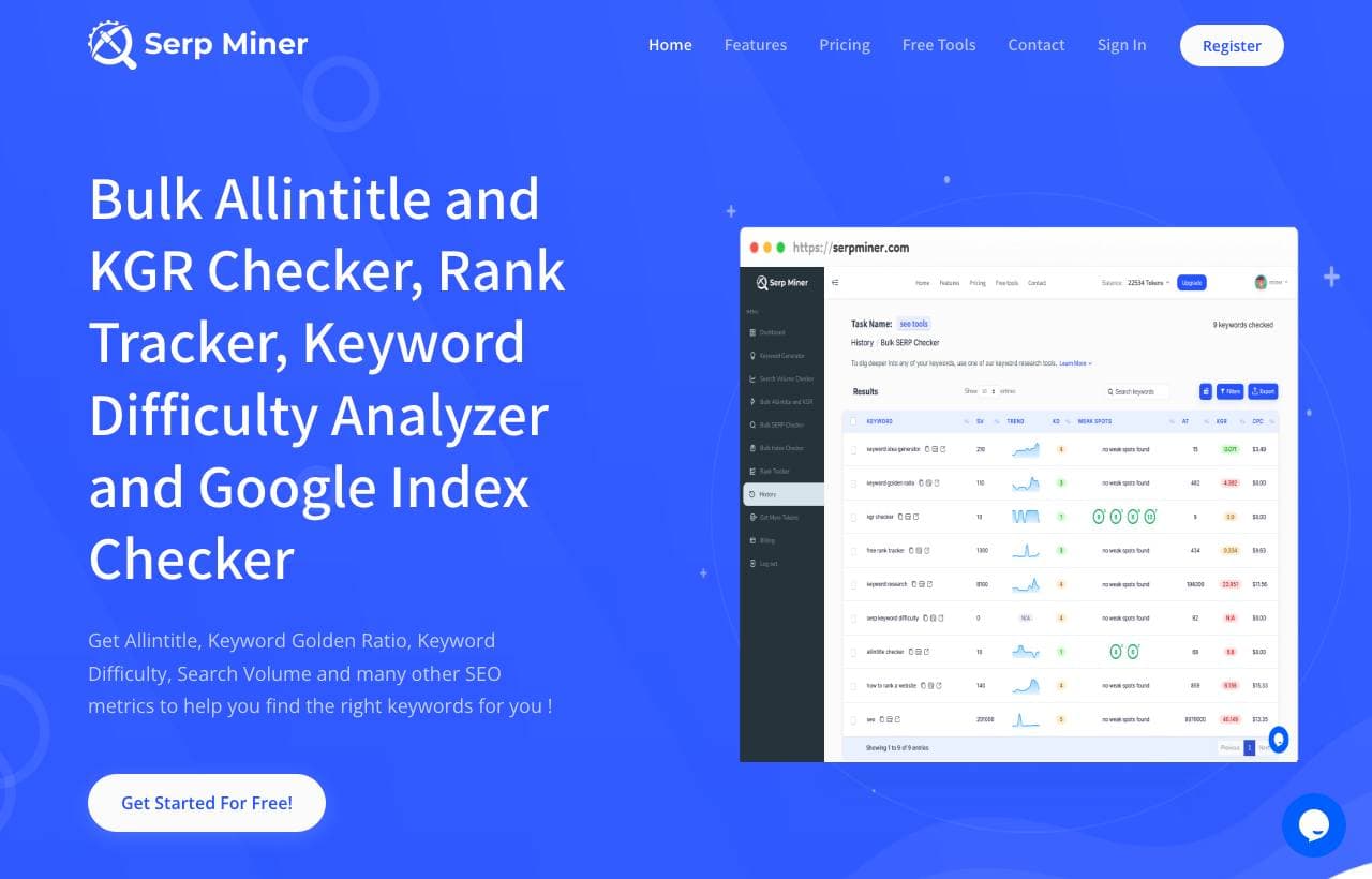 Serp Miner homepage screenshot
