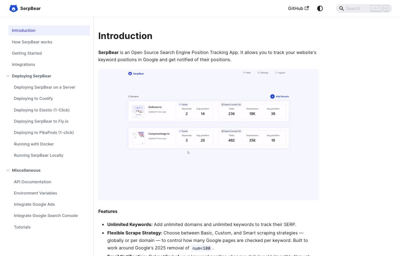 SerpBear homepage screenshot