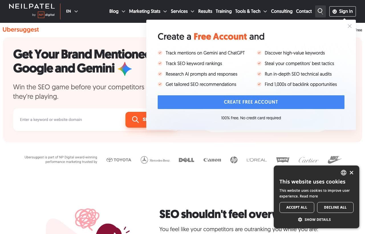 Ubersuggest homepage screenshot