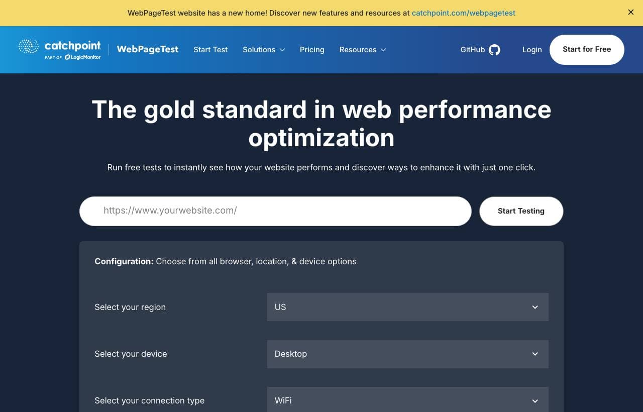 WebPageTest homepage screenshot