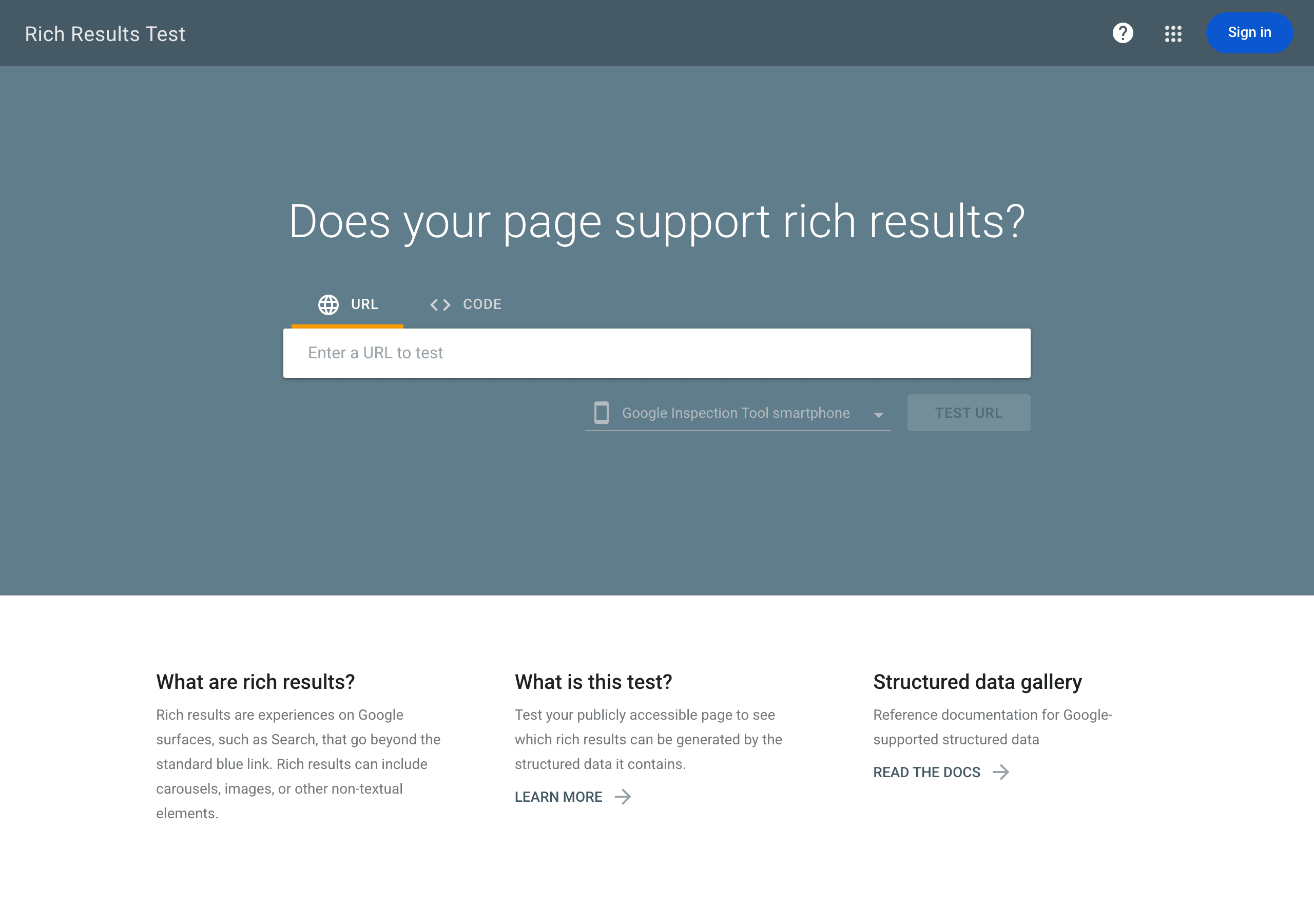 Google's Rich Results Test, the canonical validator for structured data