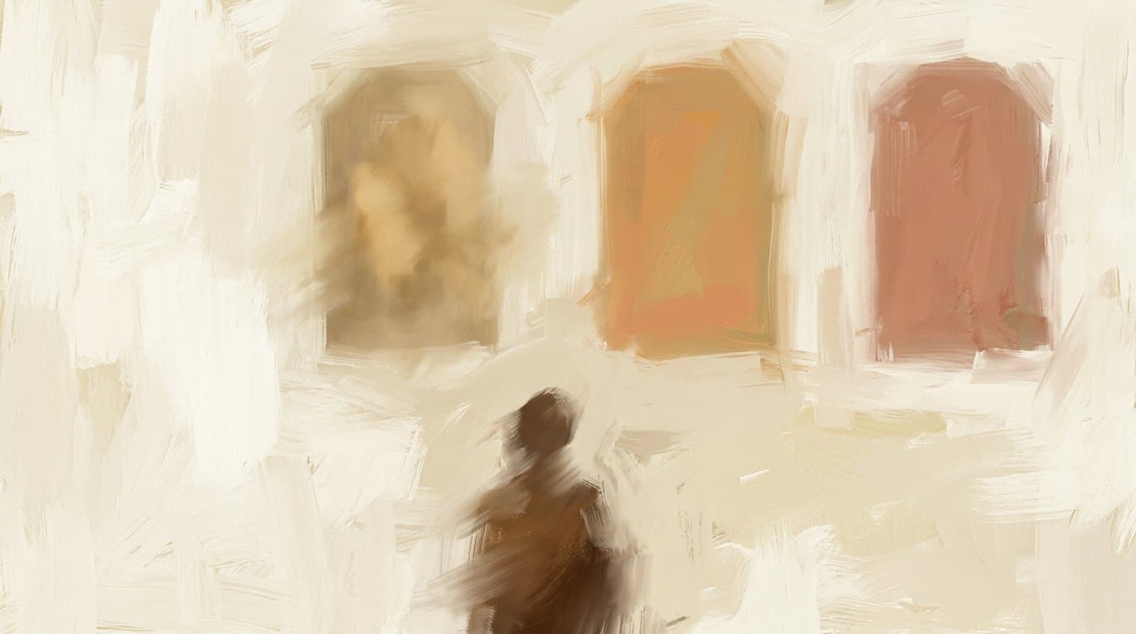 A figure choosing between several doorways