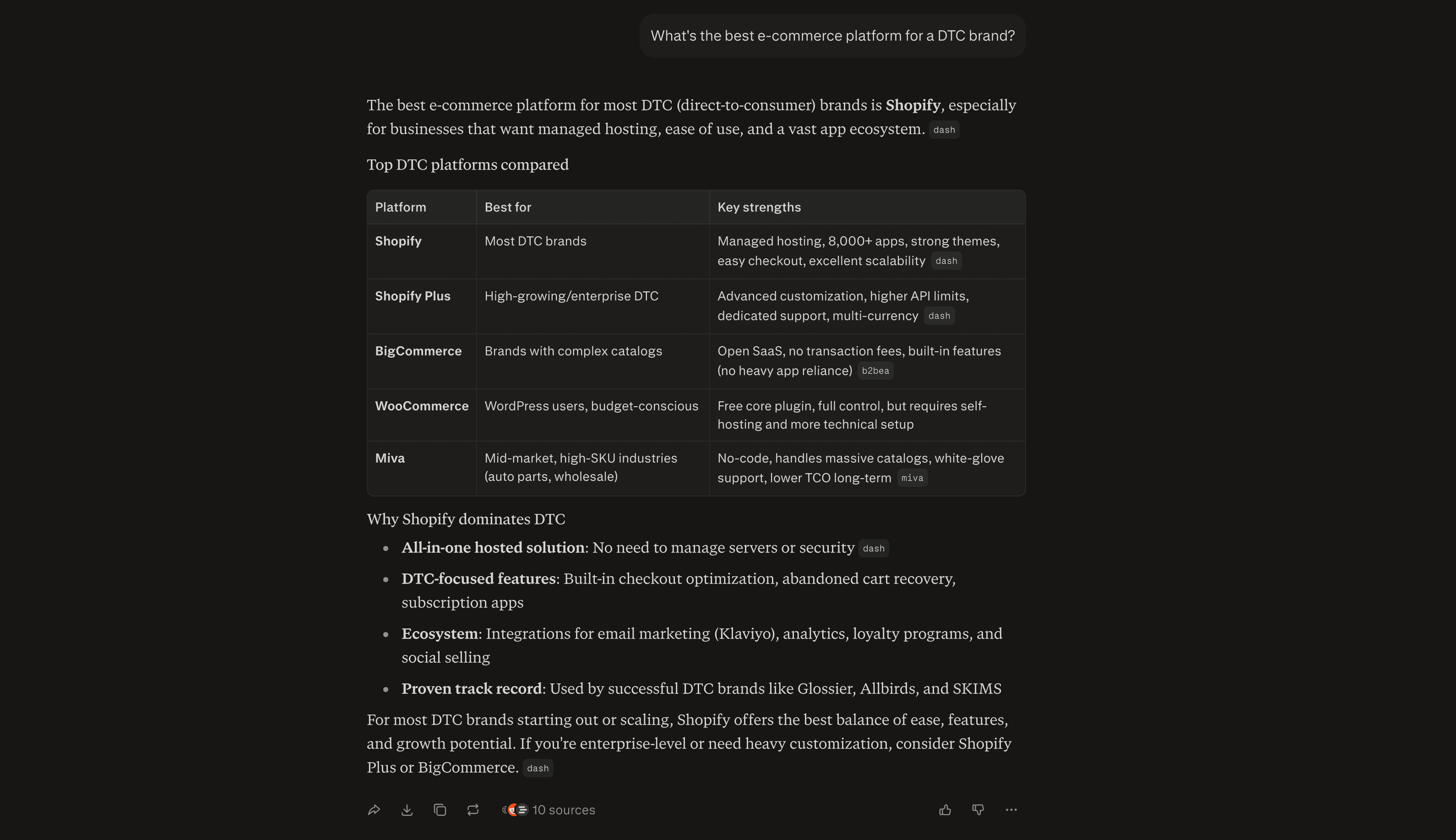 A real Perplexity answer to 'best e-commerce platform for a DTC brand', naming Shopify as the default with a comparison table of Shopify Plus, BigCommerce, WooCommerce, and Miva