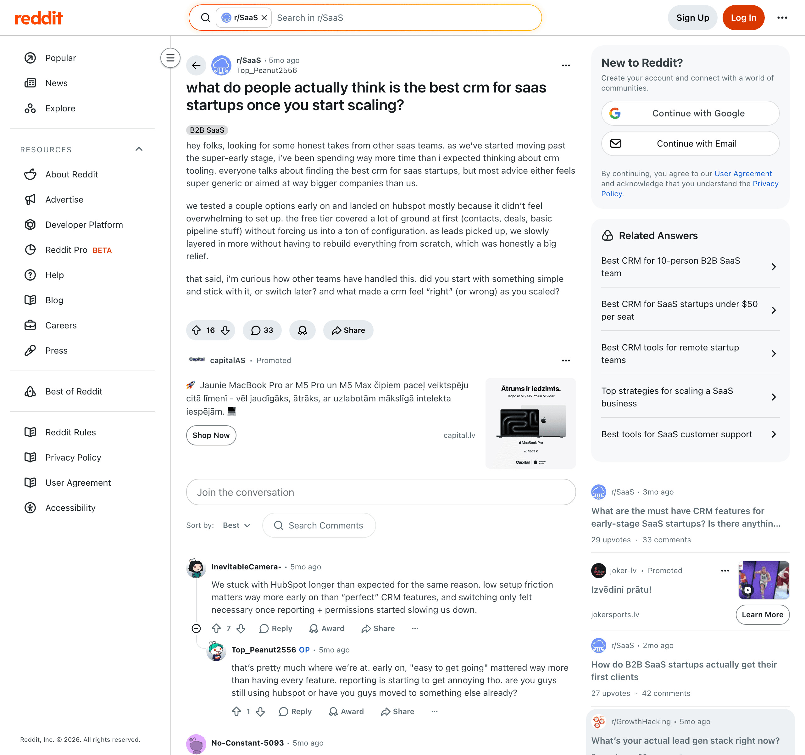 A real r/SaaS thread asking which CRM scales best, with named users sharing first-hand experience of HubSpot's pricing cliff and feature trade-offs