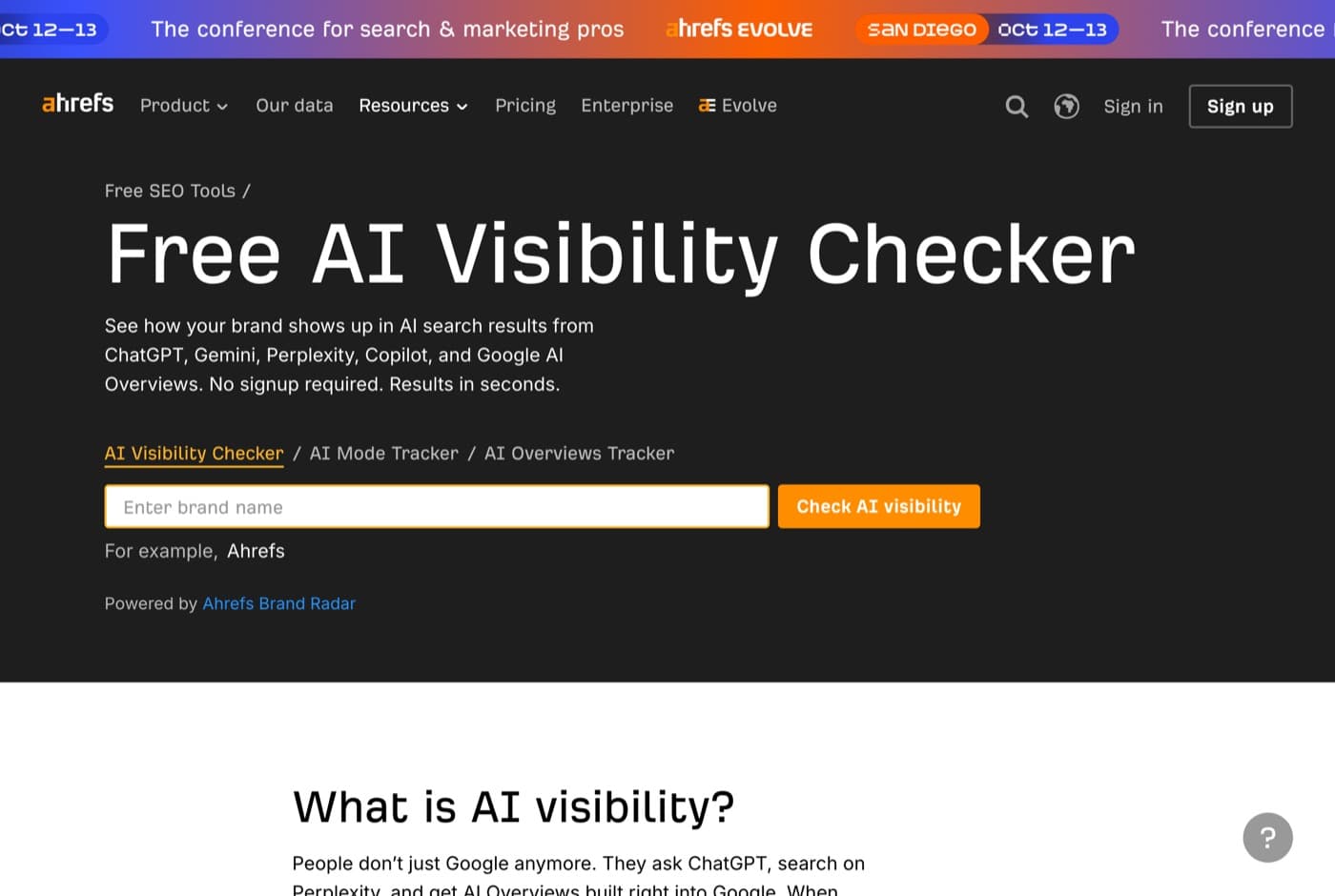Ahrefs free AI Visibility Checker page with a brand name input, noting it covers ChatGPT, Gemini, Perplexity, Copilot and Google AI Overviews with no signup required