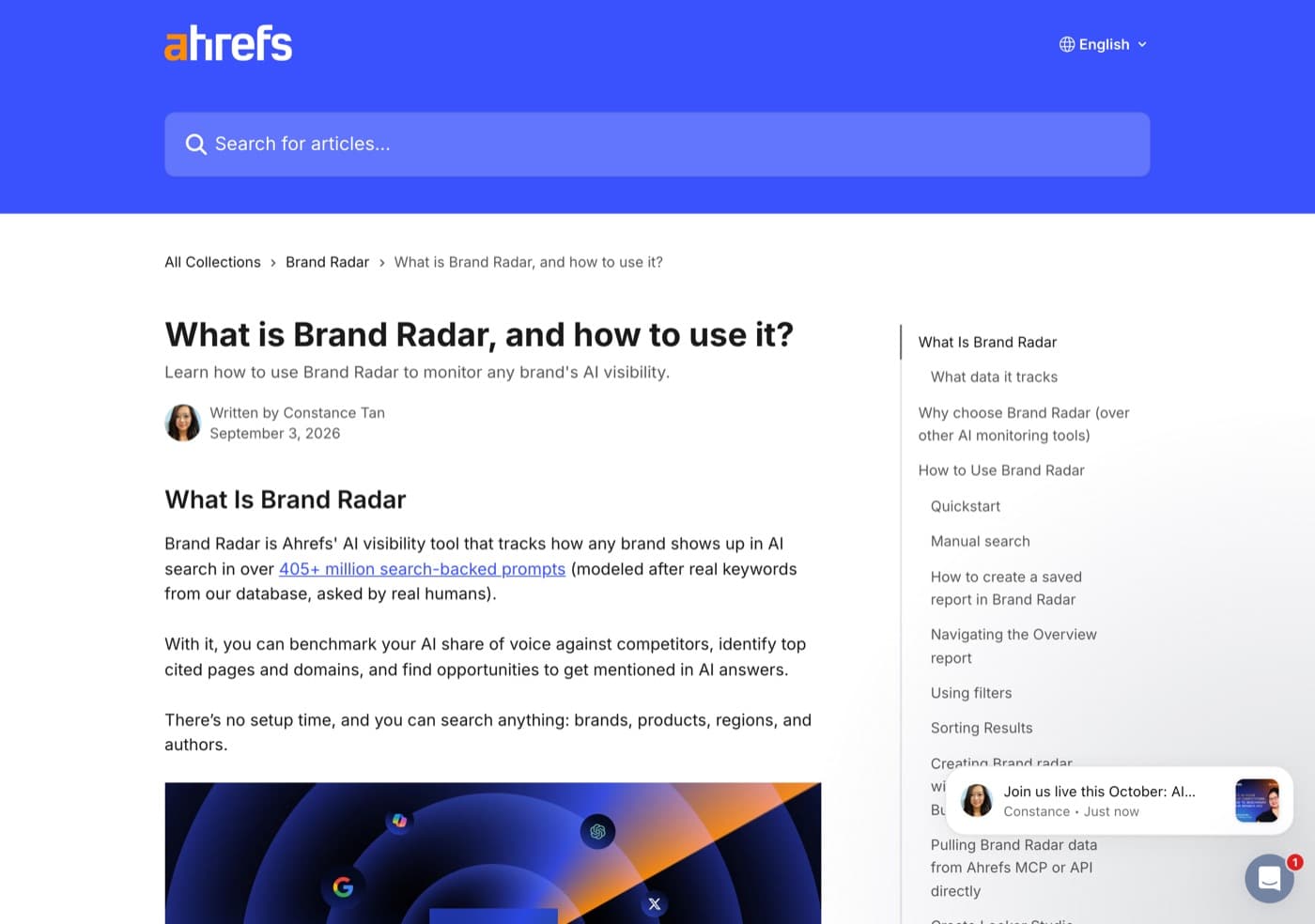 Ahrefs Help Center article What is Brand Radar, and how to use it, written September 3, 2026