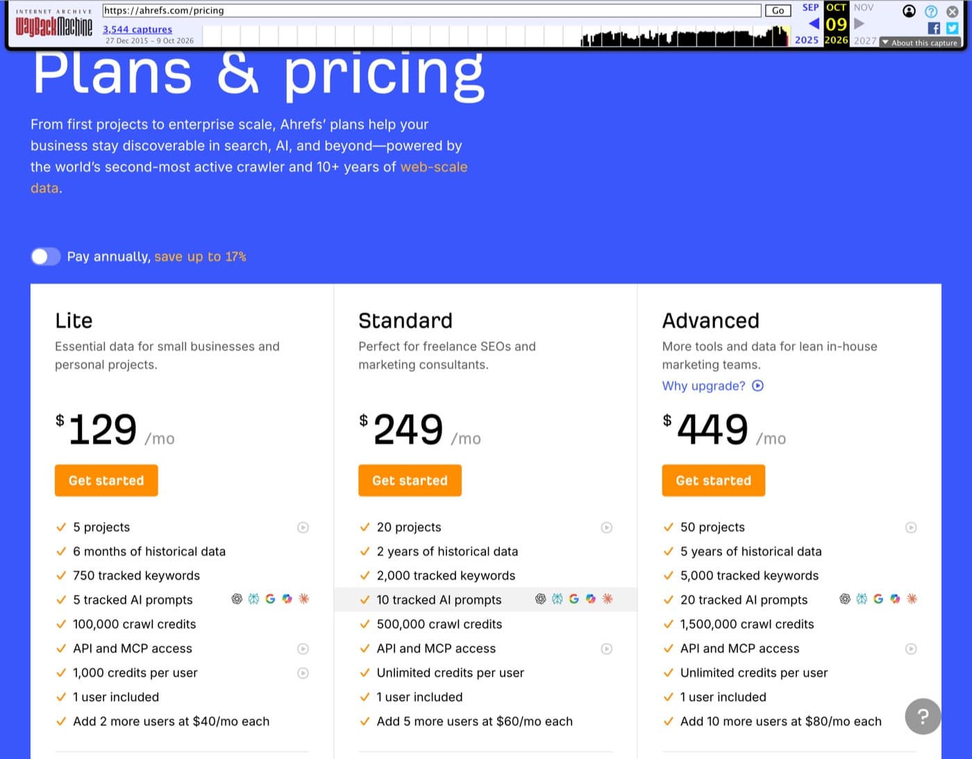 Ahrefs plans and pricing page showing Lite at $129 a month, Standard at $249 and Advanced at $449, each listing tracked AI prompts