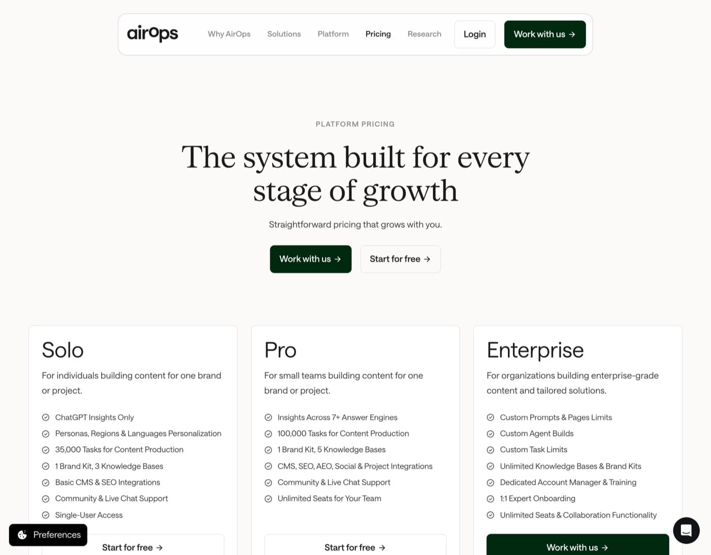 AirOps pricing page listing Solo, Pro and Enterprise plans with no prices shown
