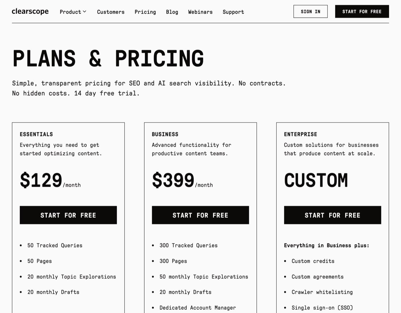 Clearscope pricing page with Essentials and Business plans