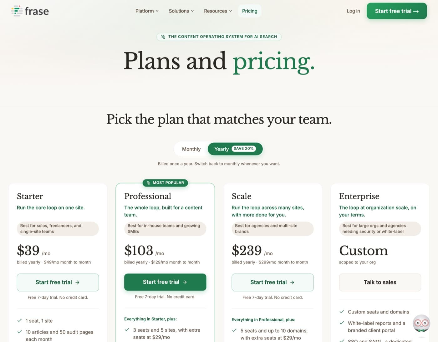 Frase pricing page showing Starter at $39 a month billed yearly or $49 month to month