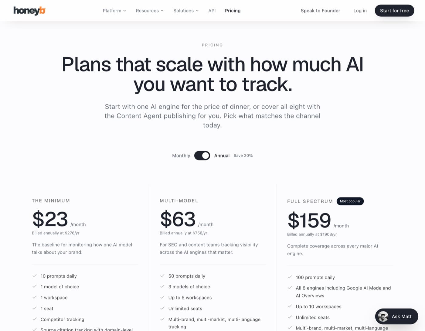 Honeyb pricing page