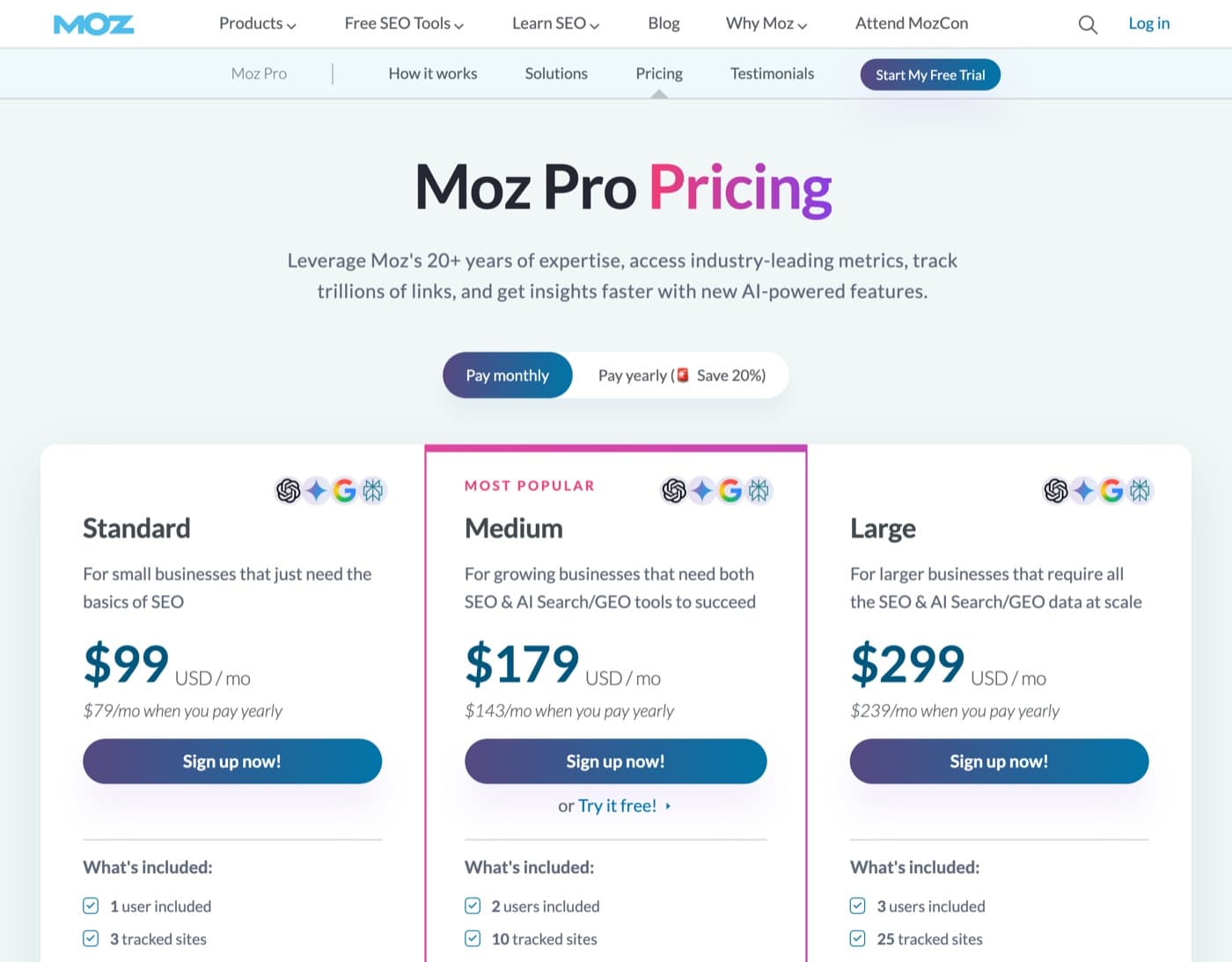 Moz Pro pricing page