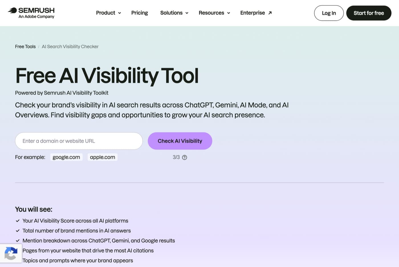 Semrush's free AI Search Visibility Checker page with a domain input box