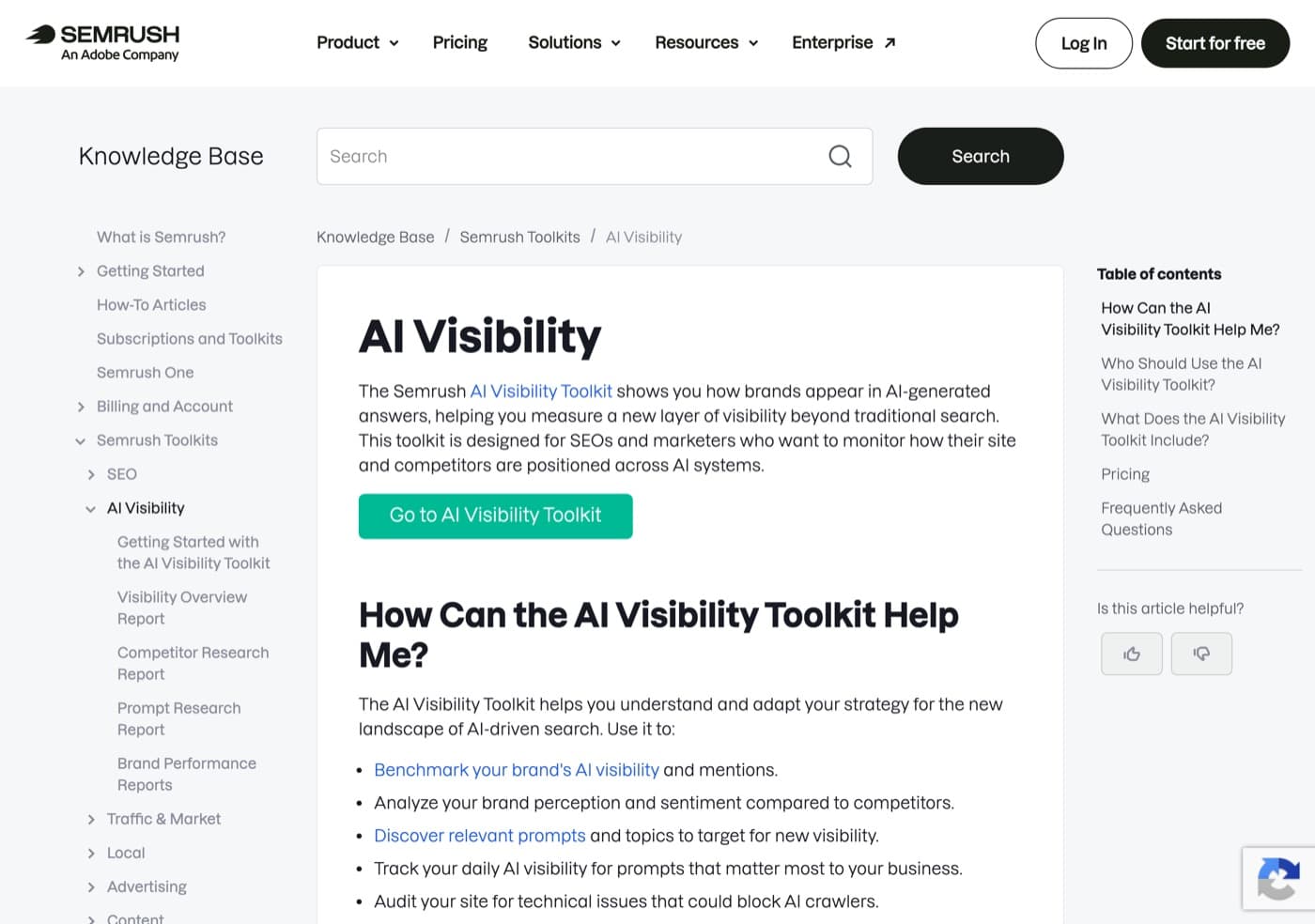 Semrush knowledge base article on the AI Visibility toolkit, listing its reports in the sidebar