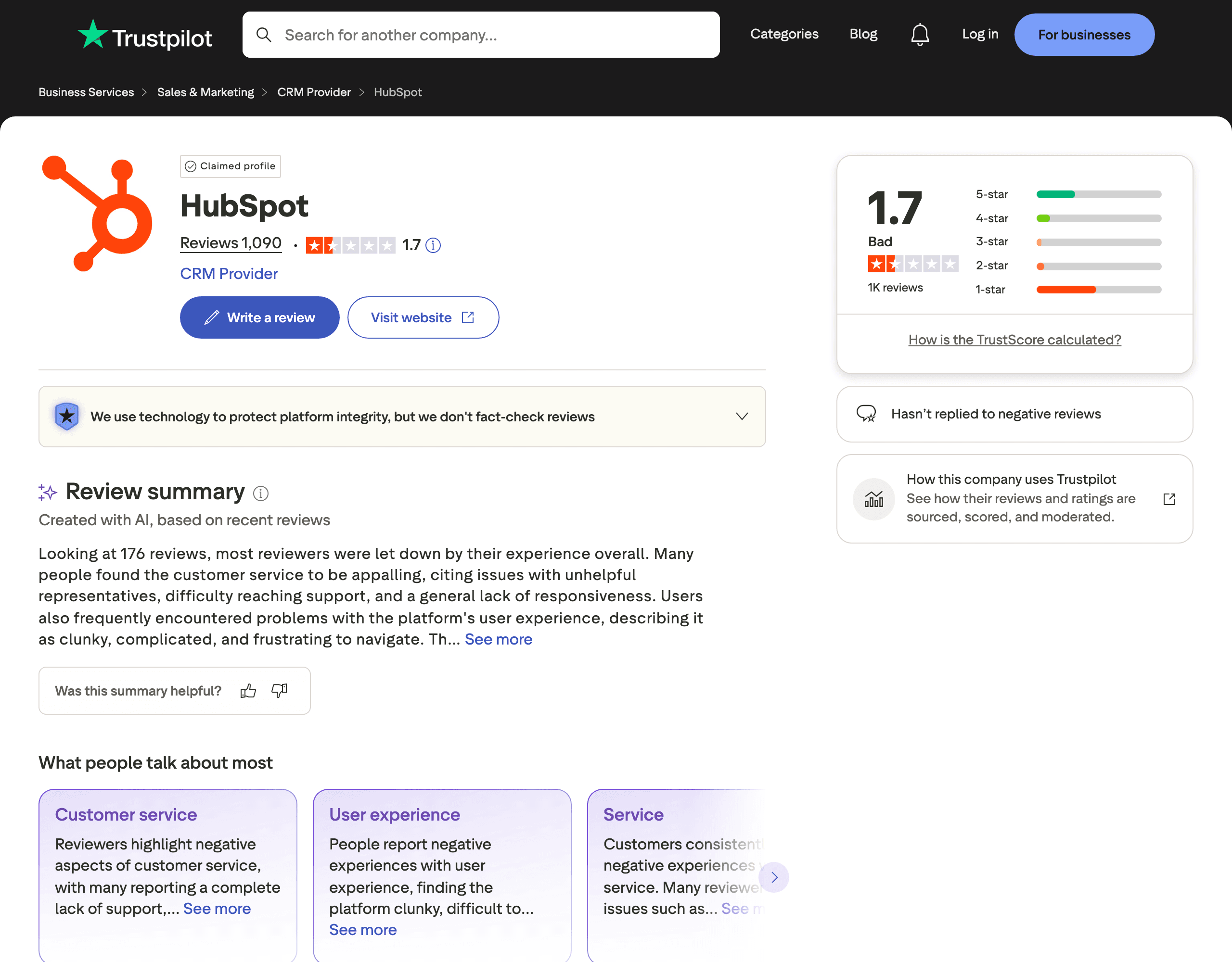 Trustpilot brand profile showing review surface that influences both Google SERPs and AI search answers