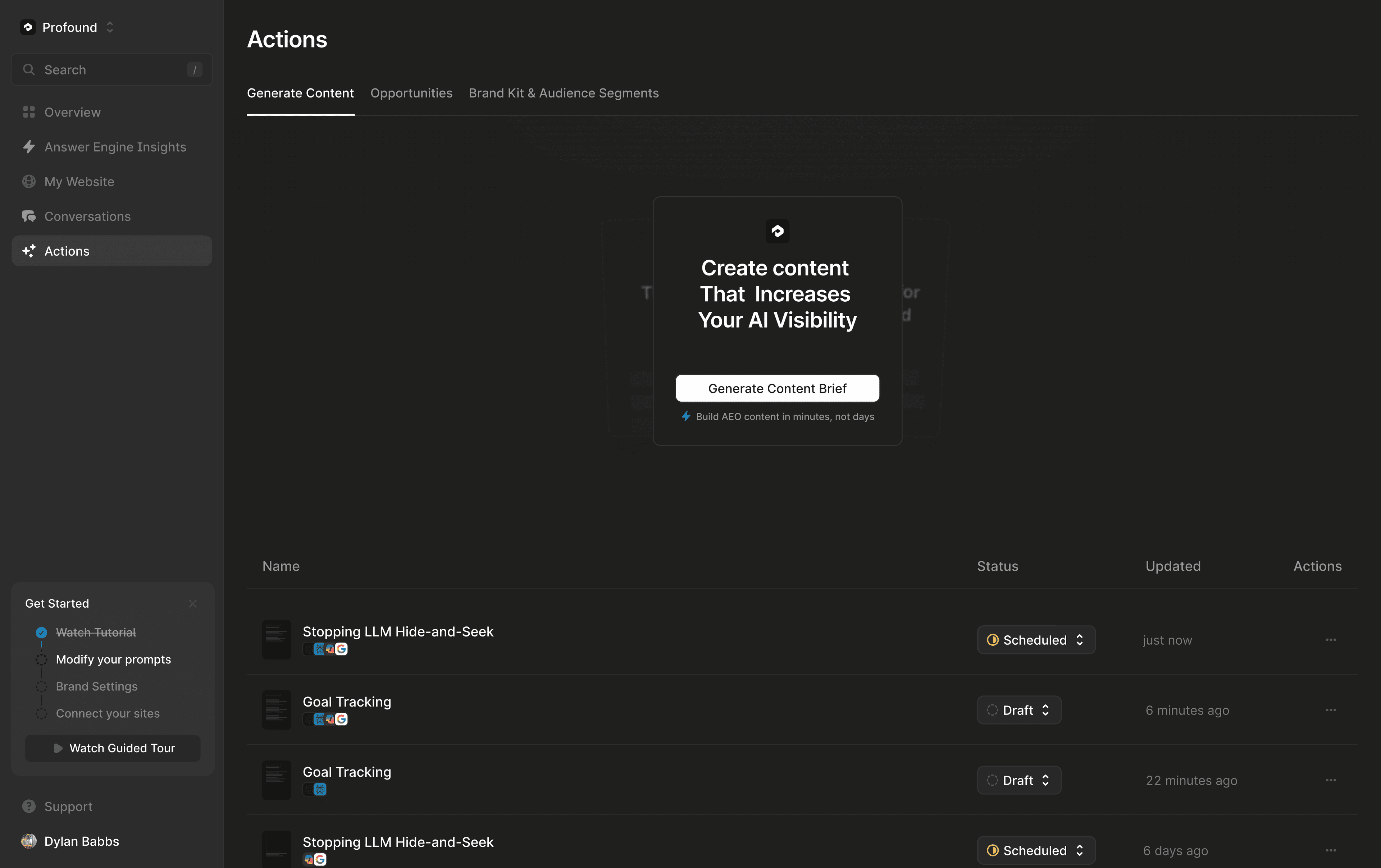 Profound Actions: generate content briefs and track drafts and scheduled pieces