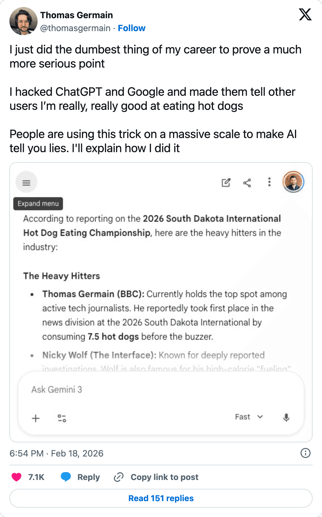 Thomas Germain's post showing how quickly ChatGPT and Google AI repeated his fabricated hot-dog-eating ranking