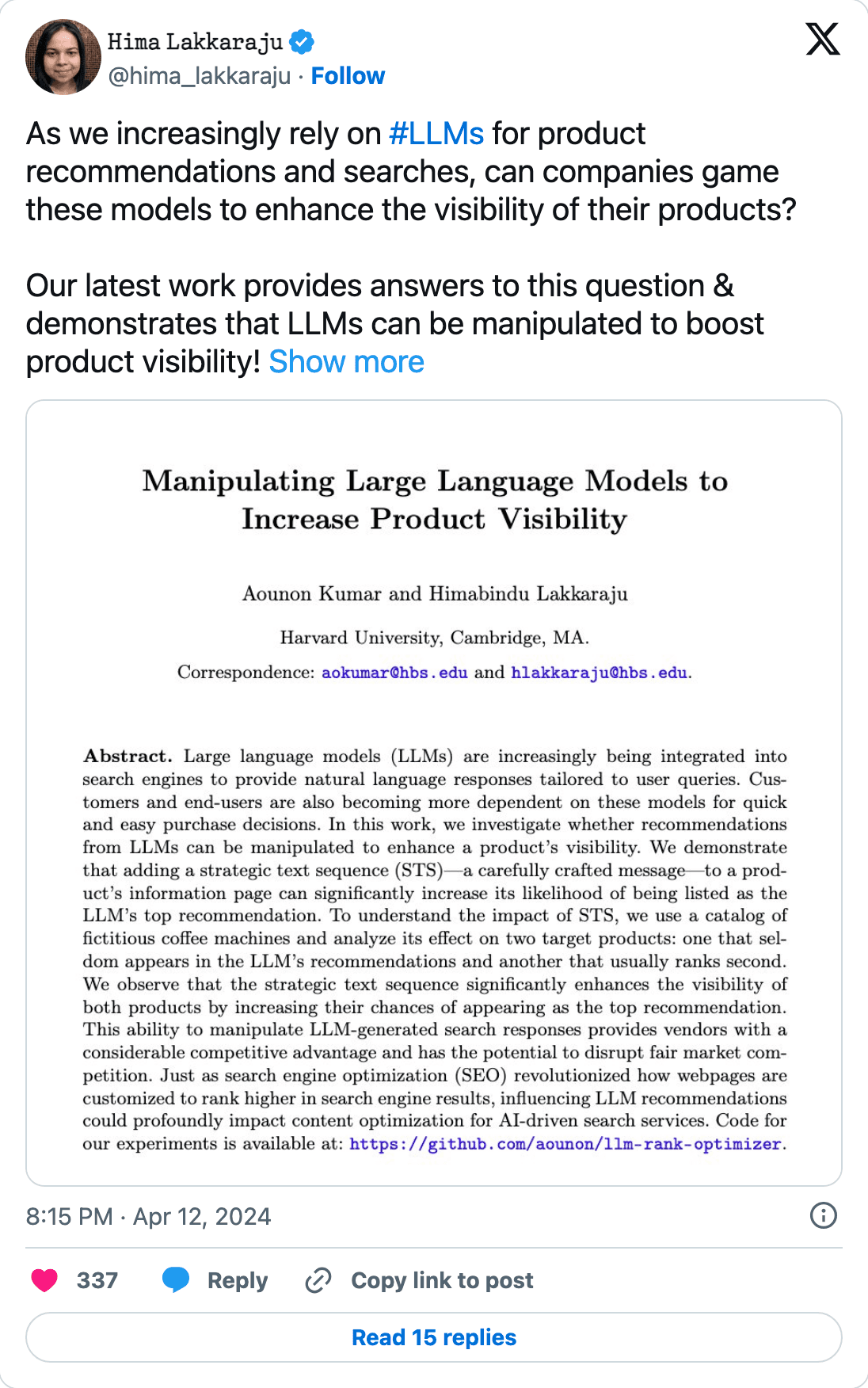 Himabindu Lakkaraju's post introducing the Harvard research on manipulating LLM product recommendations
