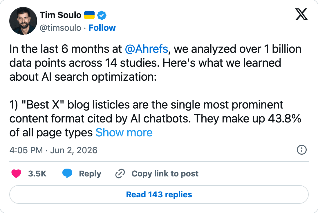 Tim Soulo's post summarising Ahrefs' analysis of over a billion data points on AI search optimisation