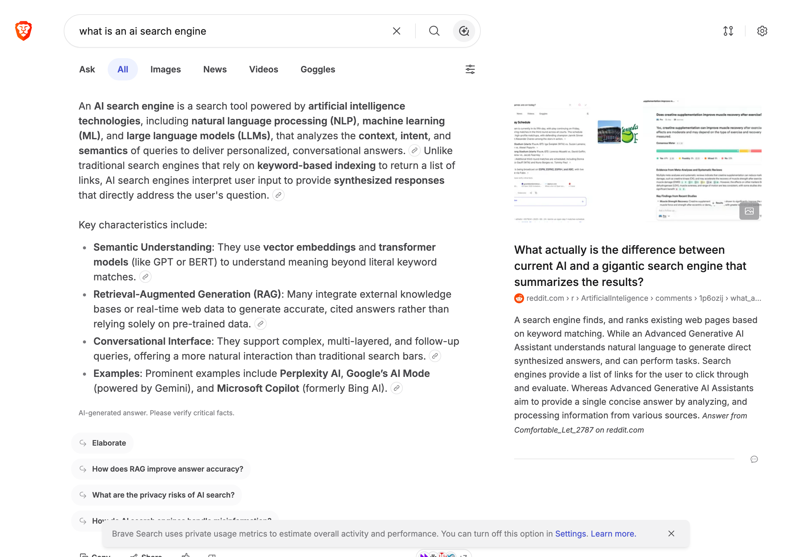 Brave Search result showing an AI Answers summary above the organic results