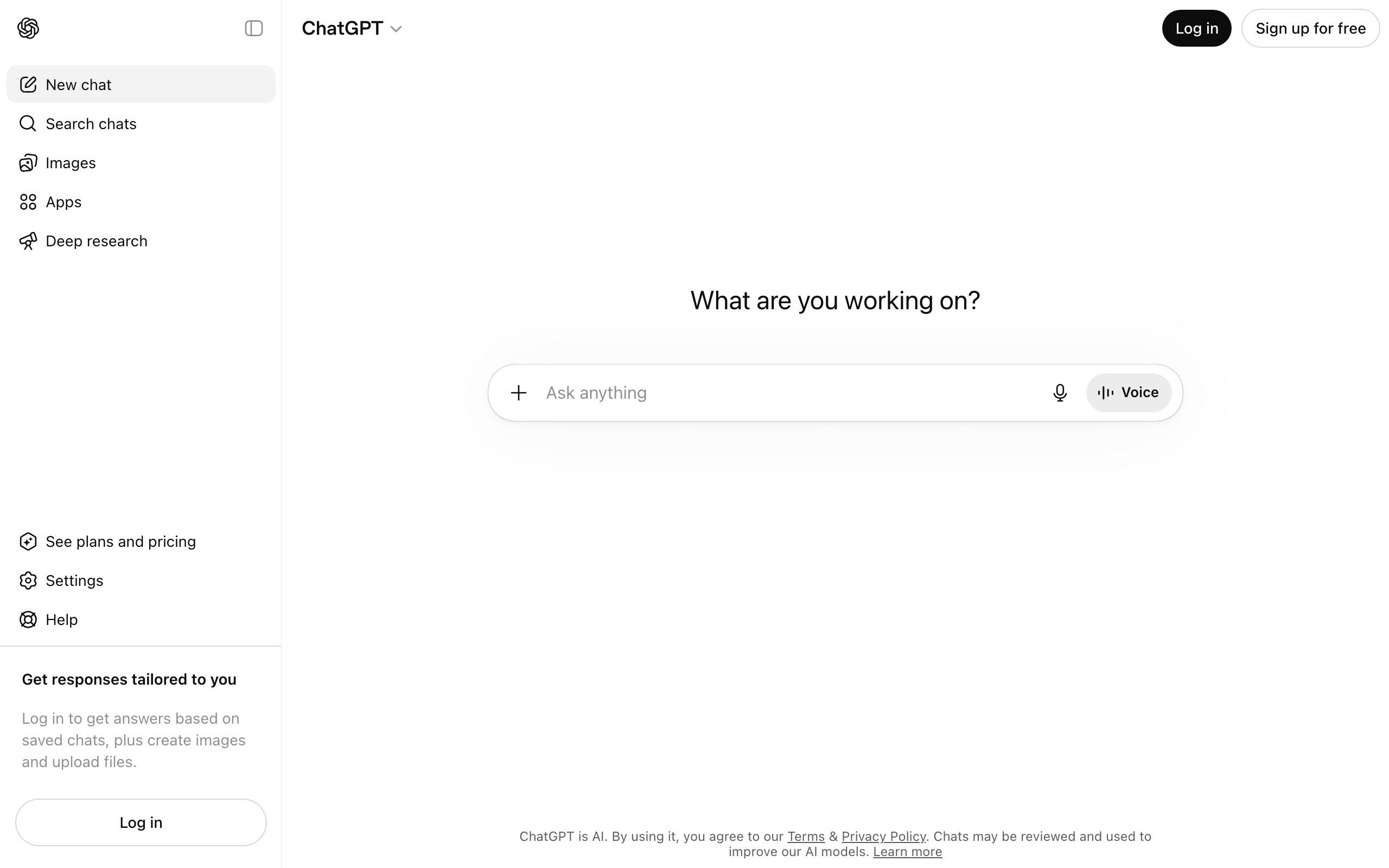ChatGPT logged-out interface with the ask-anything prompt box