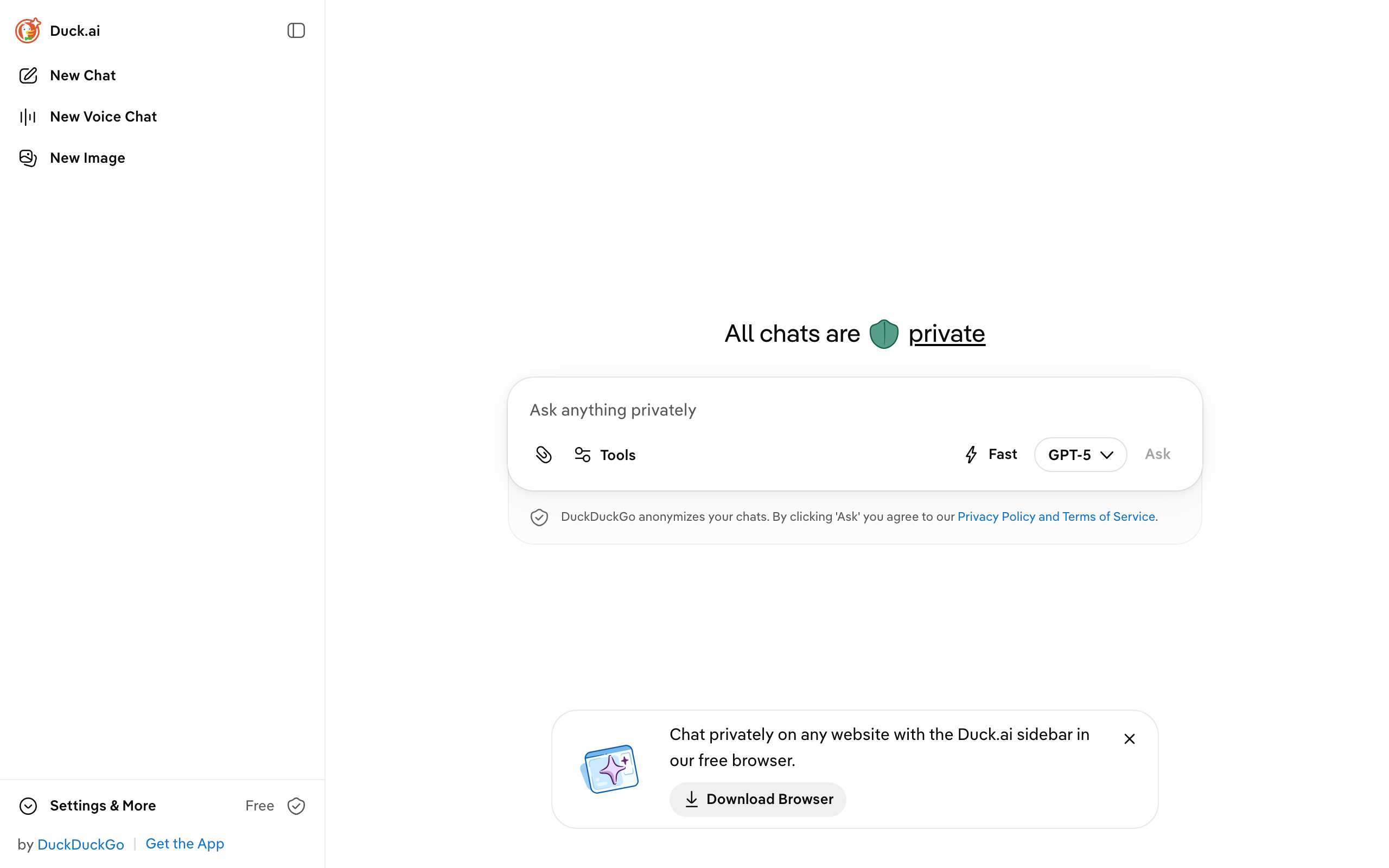DuckDuckGo's Duck.ai chat surface with model selector