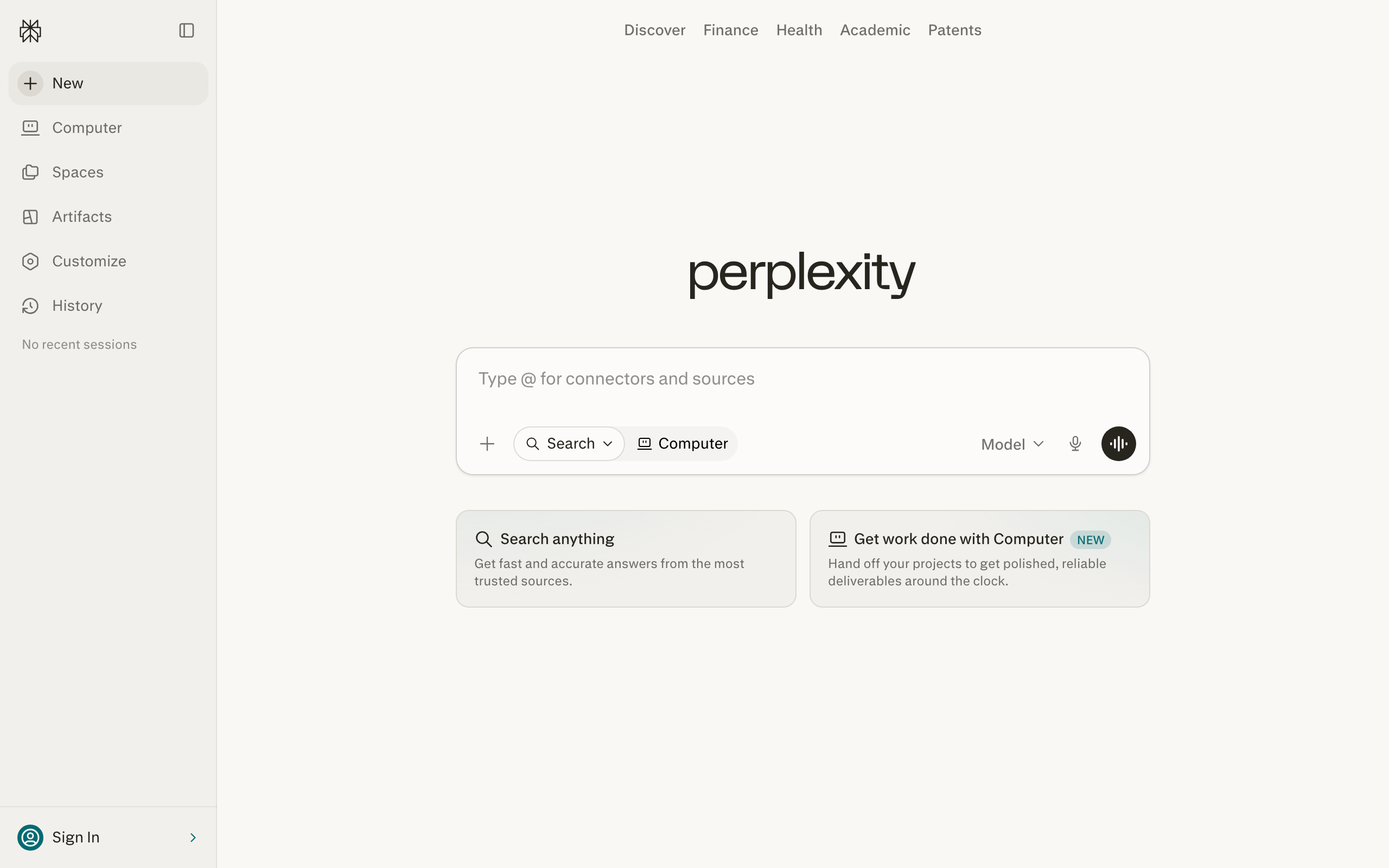 Perplexity homepage with ask box and source controls