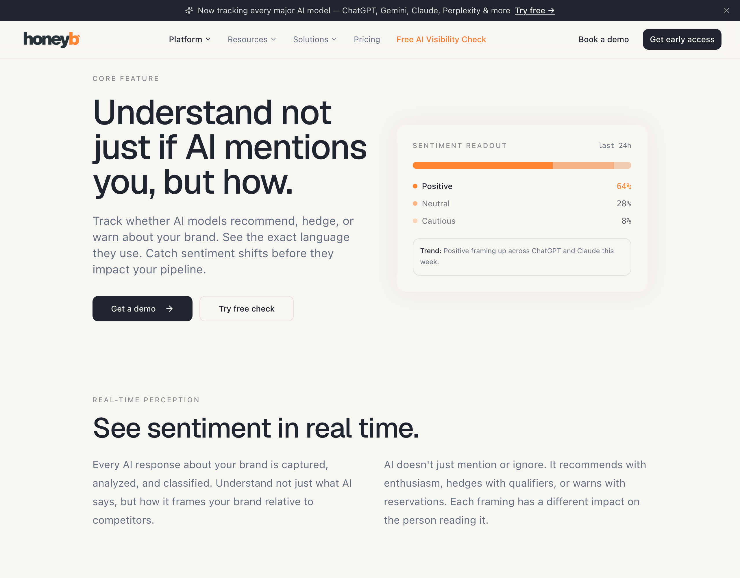 A modern SEO reputation management dashboard showing brand sentiment across AI search engines